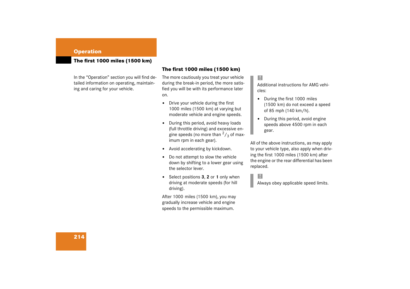 The first 1000 miles (1500 km) | Mercedes-Benz 2003 SL 55 AMG User Manual | Page 214 / 376