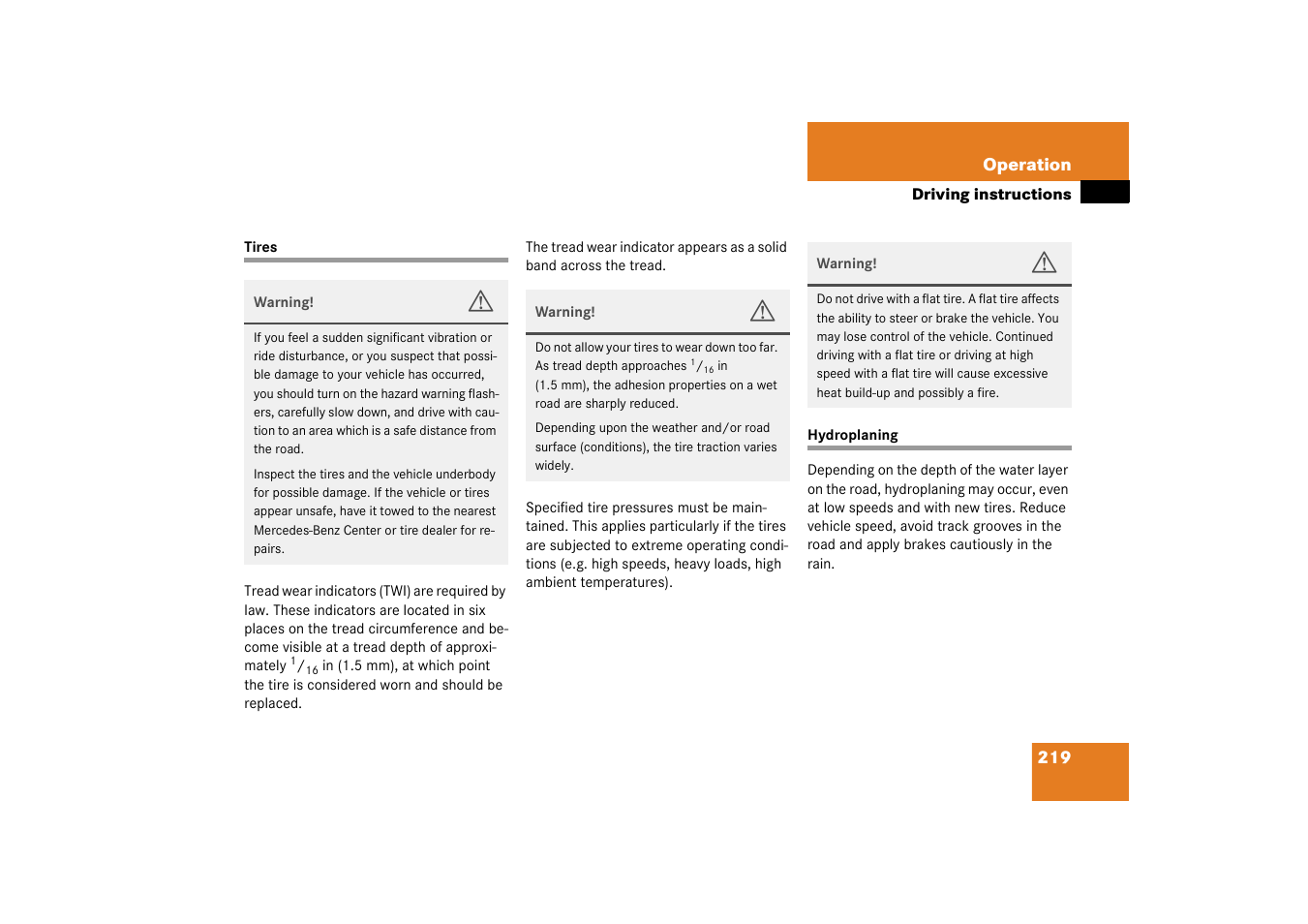 Tires:driving instructions, Hydroplaning; aquaplaning see hydroplanning, Tires hydroplaning | Mercedes-Benz 2003 SL 55 AMG User Manual | Page 219 / 376