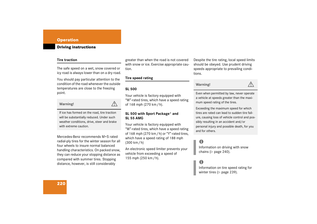 Tire traction, Tire speed rating, Tire traction tire speed rating | Mercedes-Benz 2003 SL 55 AMG User Manual | Page 220 / 376