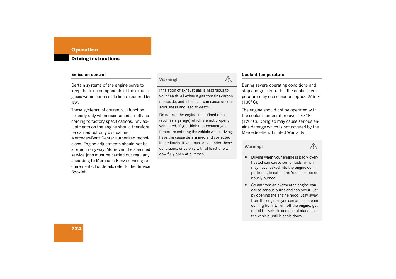 Emission control, Coolant:temperature, Emission control coolant temperature | Mercedes-Benz 2003 SL 55 AMG User Manual | Page 224 / 376