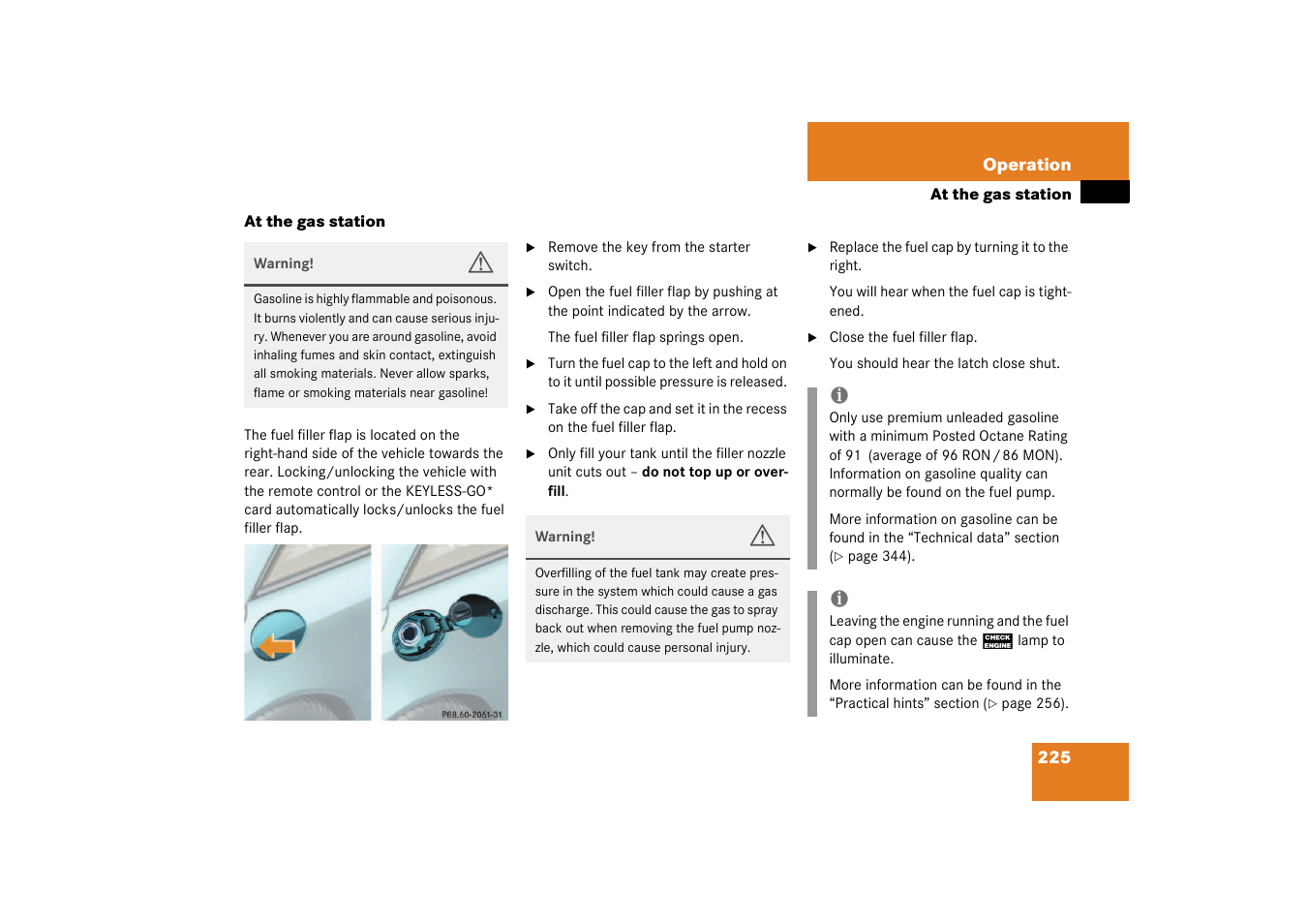 Fuel, At the gas station | Mercedes-Benz 2003 SL 55 AMG User Manual | Page 225 / 376