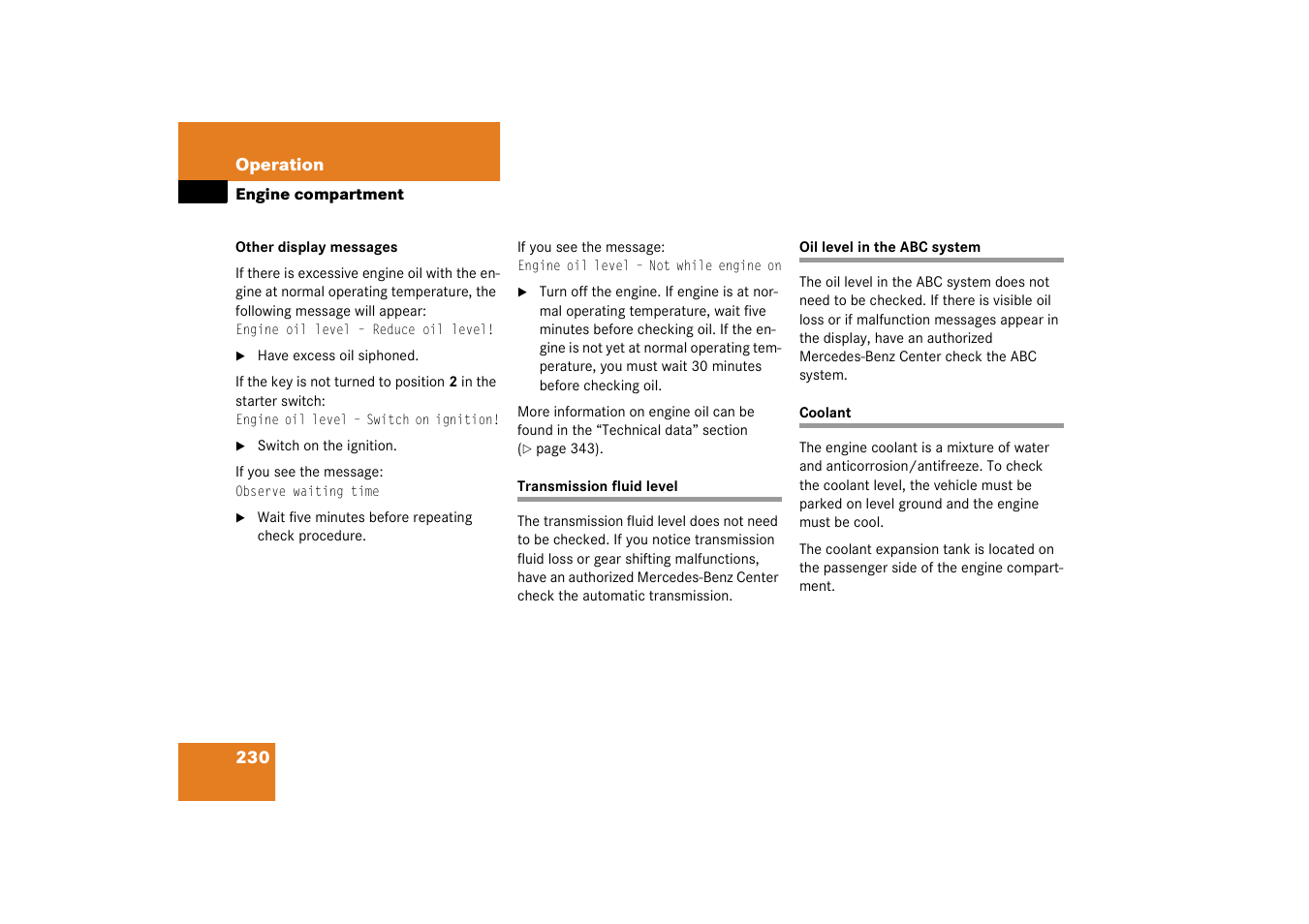 Abc:oil level, Coolant:checking level;checking:coolant level | Mercedes-Benz 2003 SL 55 AMG User Manual | Page 230 / 376