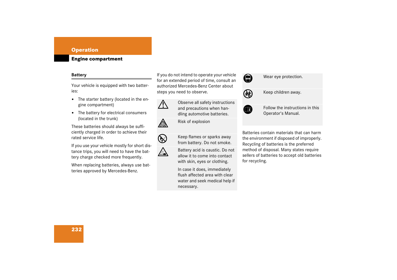 Batteries, vehicle, Battery | Mercedes-Benz 2003 SL 55 AMG User Manual | Page 232 / 376