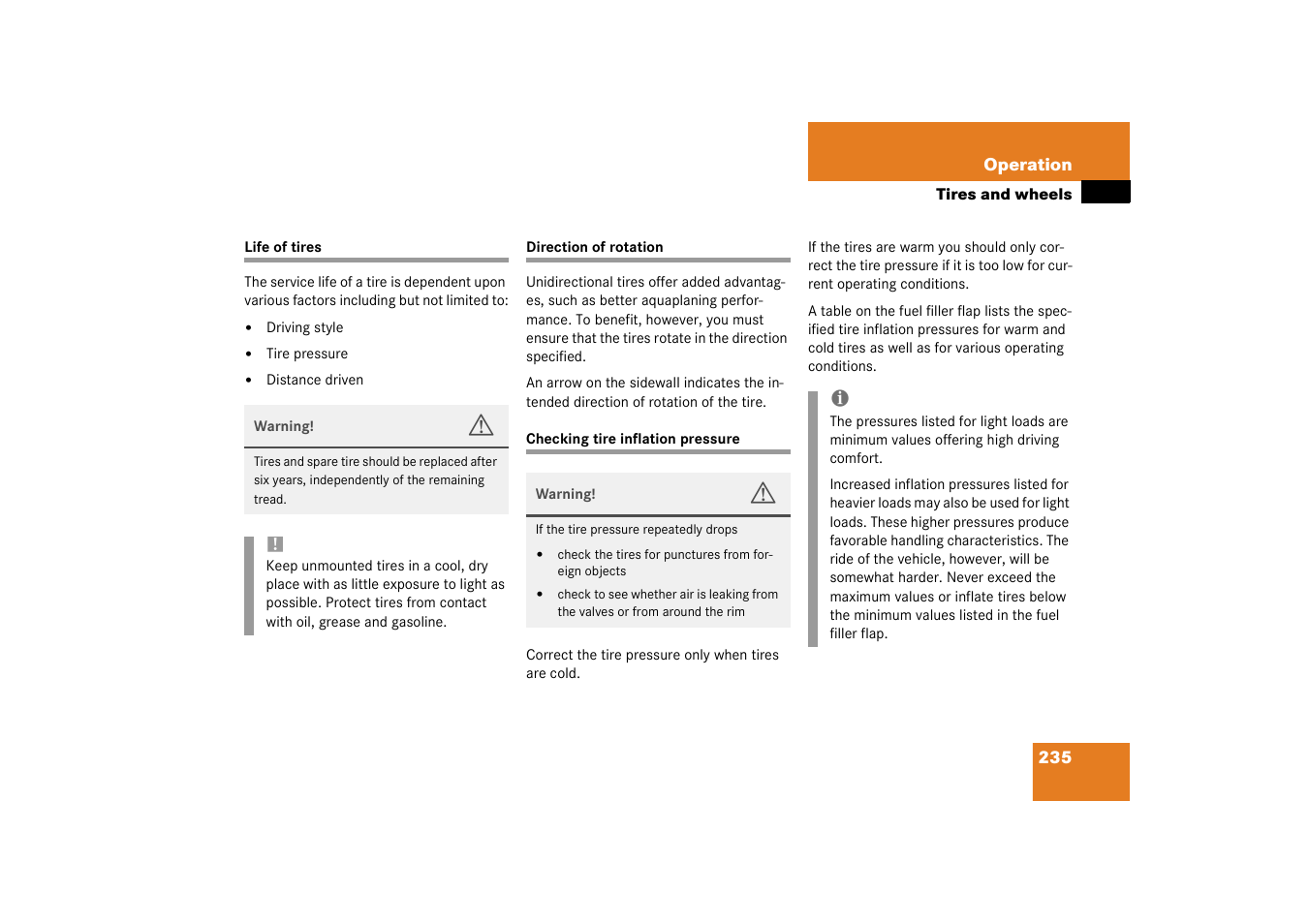 Service life (tires);tires:service life, Direction of rotation (tires) | Mercedes-Benz 2003 SL 55 AMG User Manual | Page 235 / 376