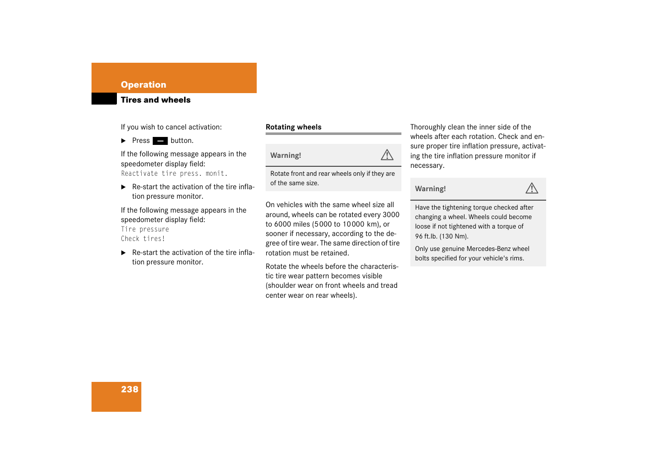 Tires:rotating, Rotating wheels | Mercedes-Benz 2003 SL 55 AMG User Manual | Page 238 / 376