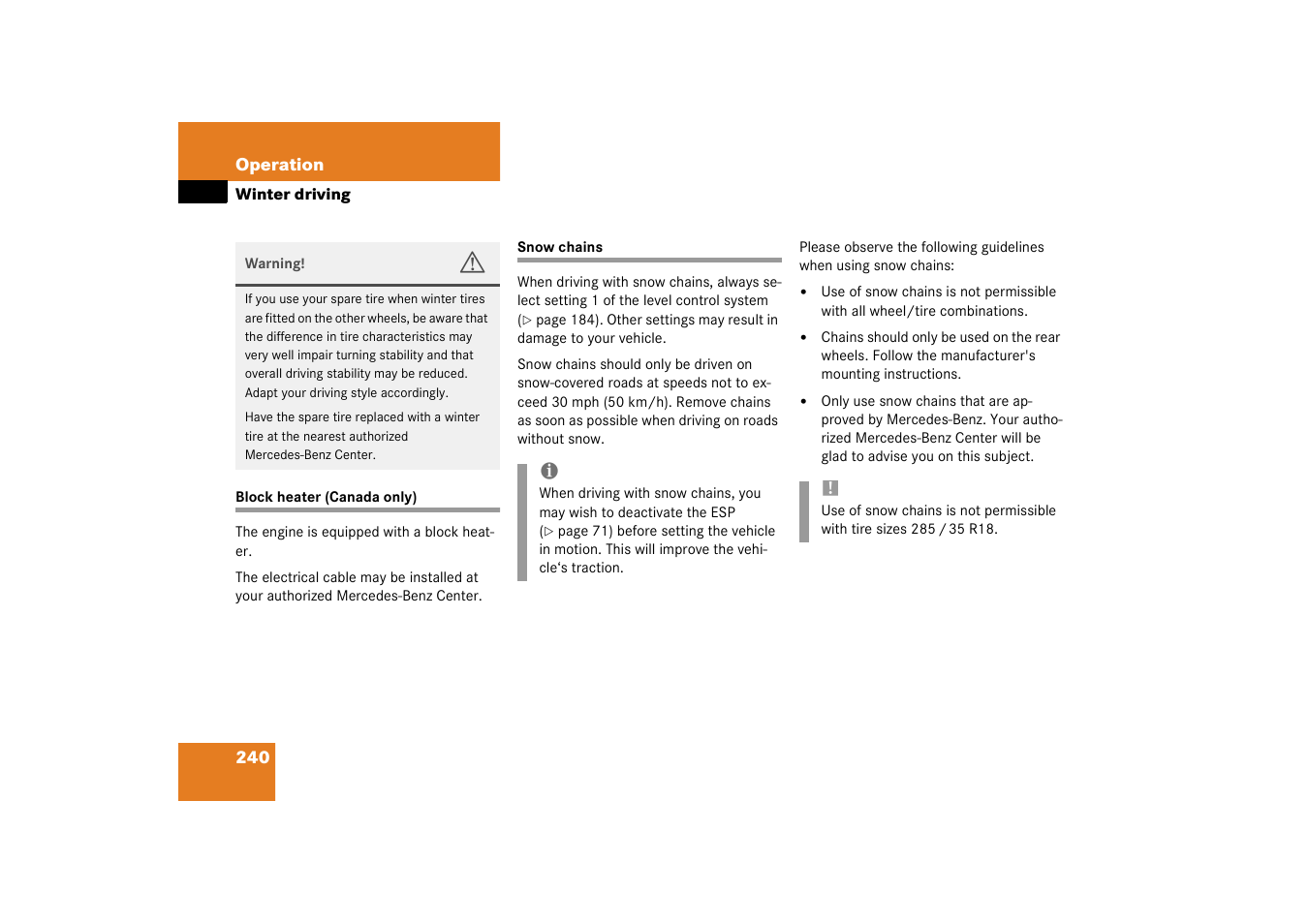 Block heater, Snow chains;winter driving:snow chains, Block heater (canada only) snow chains | Mercedes-Benz 2003 SL 55 AMG User Manual | Page 240 / 376