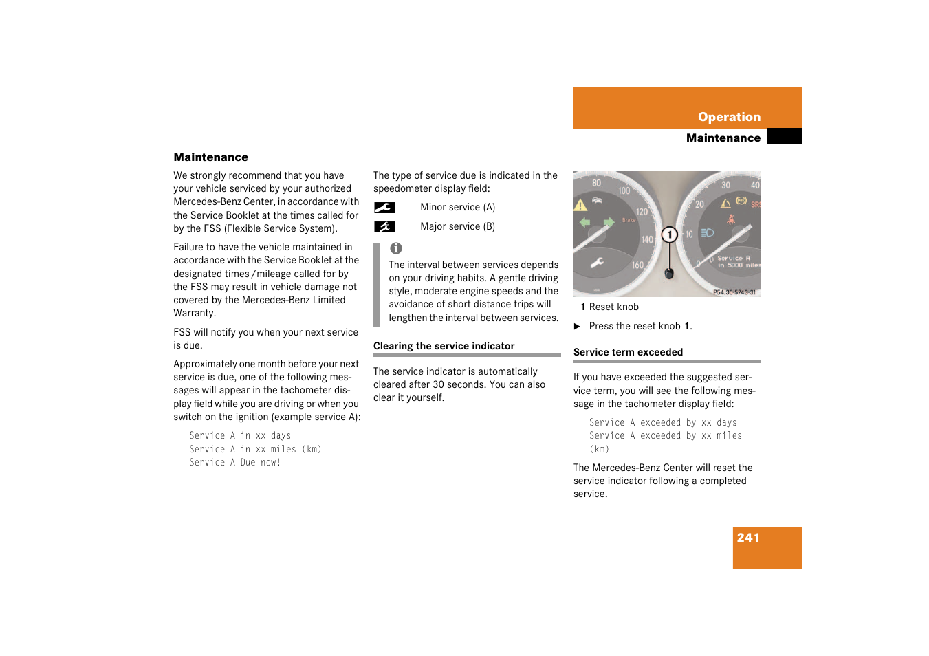 Lamps, indicator and warning:service indicator, Service indicator:clearing, Service:overdue | Maintenance | Mercedes-Benz 2003 SL 55 AMG User Manual | Page 241 / 376