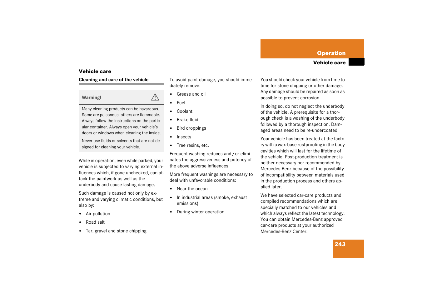 Vehicle care, Cleaning and care of the vehicle | Mercedes-Benz 2003 SL 55 AMG User Manual | Page 243 / 376