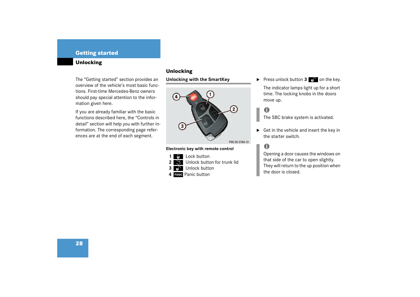 Unlocking, Unlocking with the smartkey | Mercedes-Benz 2003 SL 55 AMG User Manual | Page 28 / 376