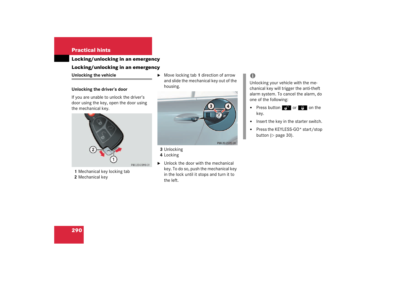 Locking/unlocking in an emergency, Unlocking the vehicle | Mercedes-Benz 2003 SL 55 AMG User Manual | Page 290 / 376