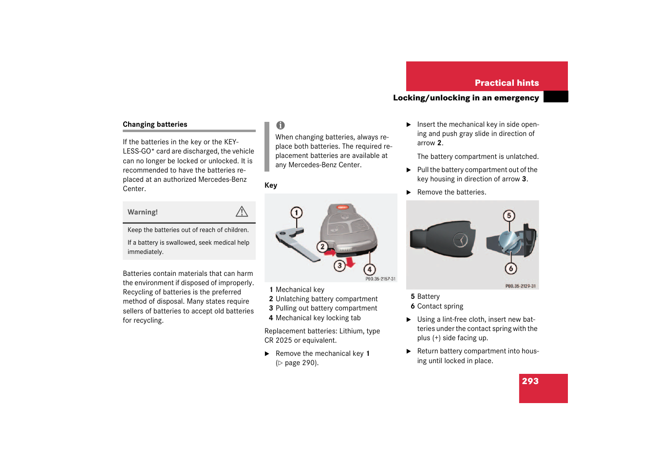 Changing batteries | Mercedes-Benz 2003 SL 55 AMG User Manual | Page 293 / 376