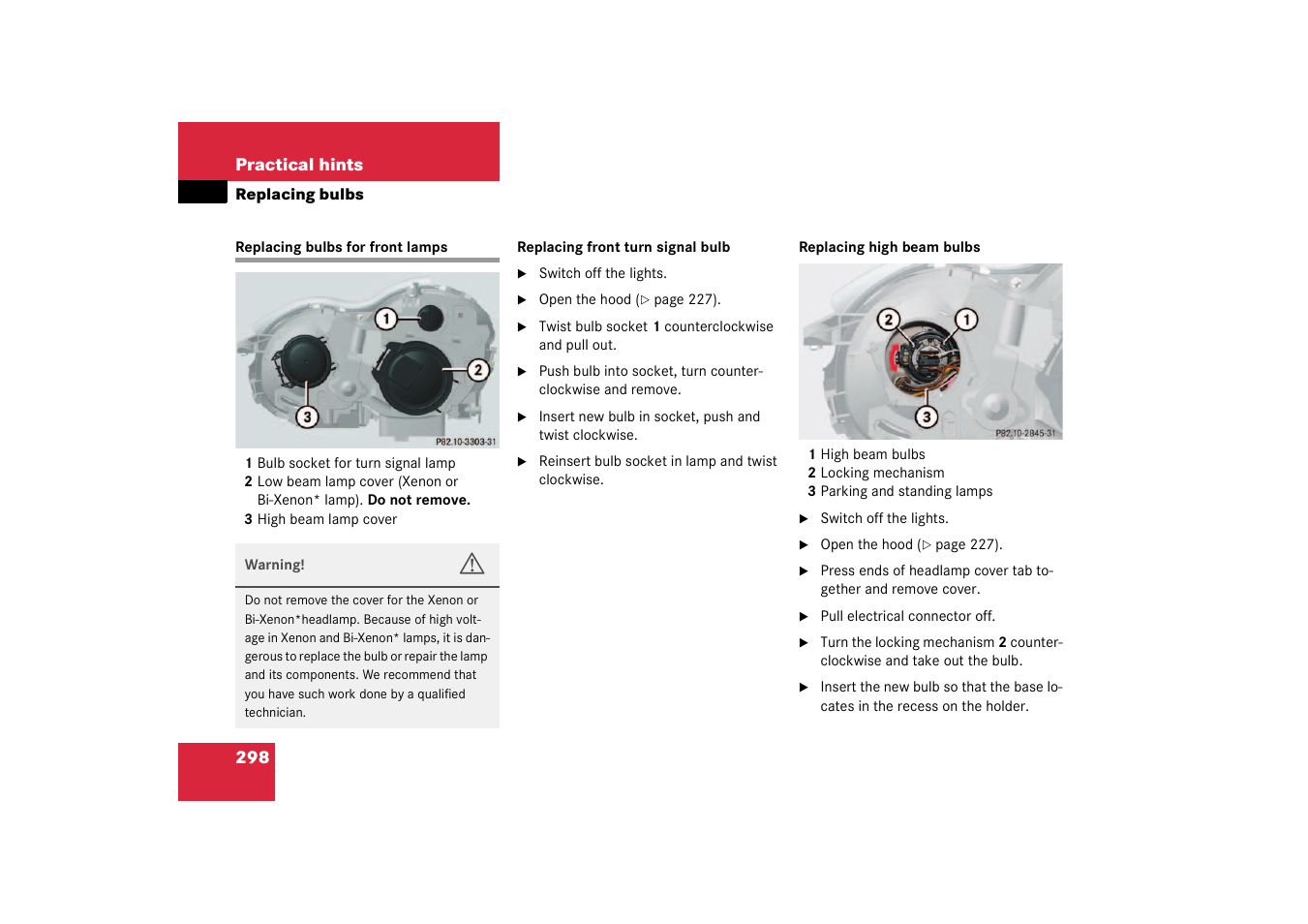 Replacing bulbs for front lamps | Mercedes-Benz 2003 SL 55 AMG User Manual | Page 298 / 376