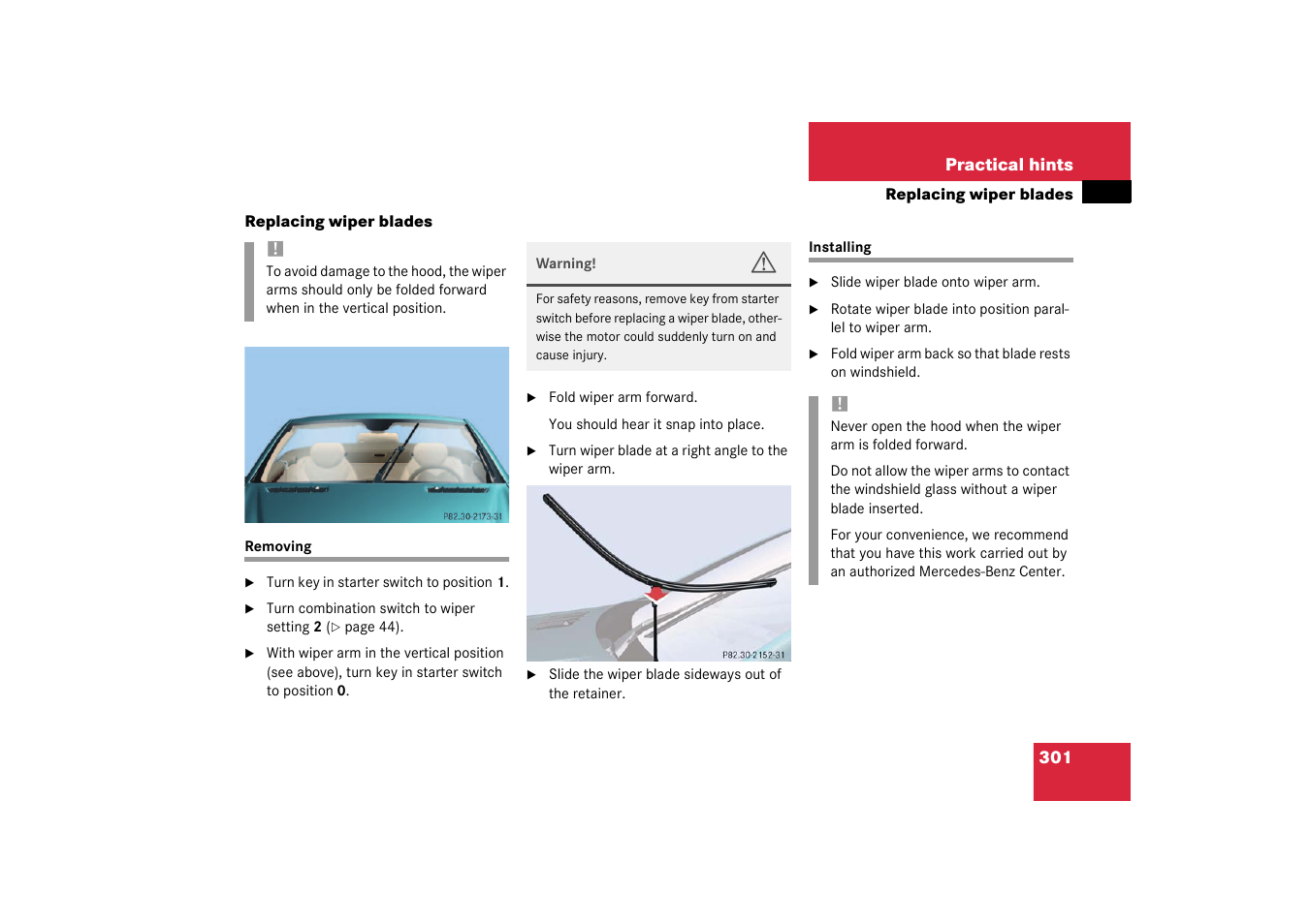 Removing, Installing, Replacing wiper blades | Removing installing | Mercedes-Benz 2003 SL 55 AMG User Manual | Page 301 / 376