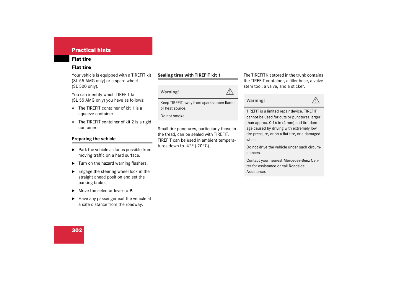 Flat tire, Tirefit kit 1:instructions for use | Mercedes-Benz 2003 SL 55 AMG User Manual | Page 302 / 376