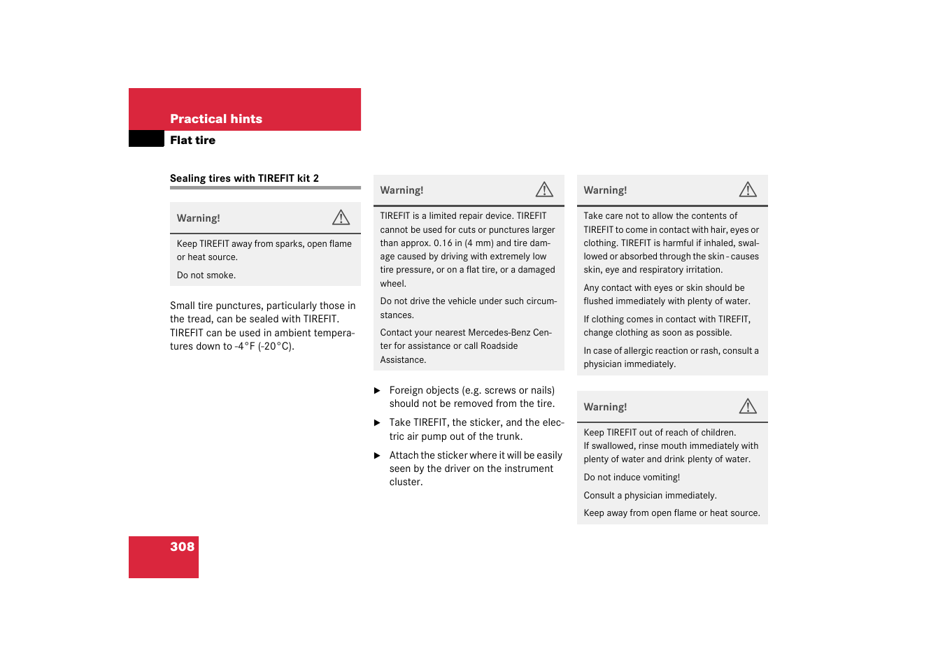 Tirefit kit 2:instructions for use, Sealing tires with tirefit kit 2 | Mercedes-Benz 2003 SL 55 AMG User Manual | Page 308 / 376