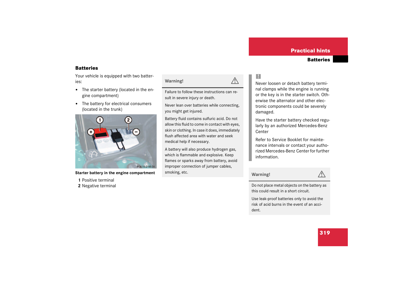 Batteries, vehicle:service;service:batteries, Batteries | Mercedes-Benz 2003 SL 55 AMG User Manual | Page 319 / 376