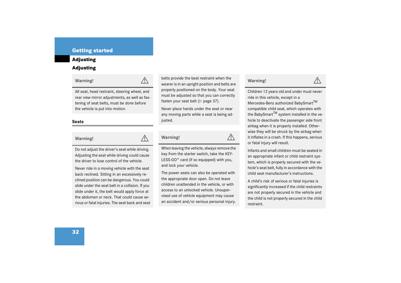 Adjusting:seats, Seats, Adjusting | Mercedes-Benz 2003 SL 55 AMG User Manual | Page 32 / 376