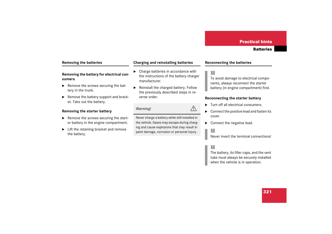 Batteries, vehicle:removing, Batteries, vehicle:reconnecting | Mercedes-Benz 2003 SL 55 AMG User Manual | Page 321 / 376