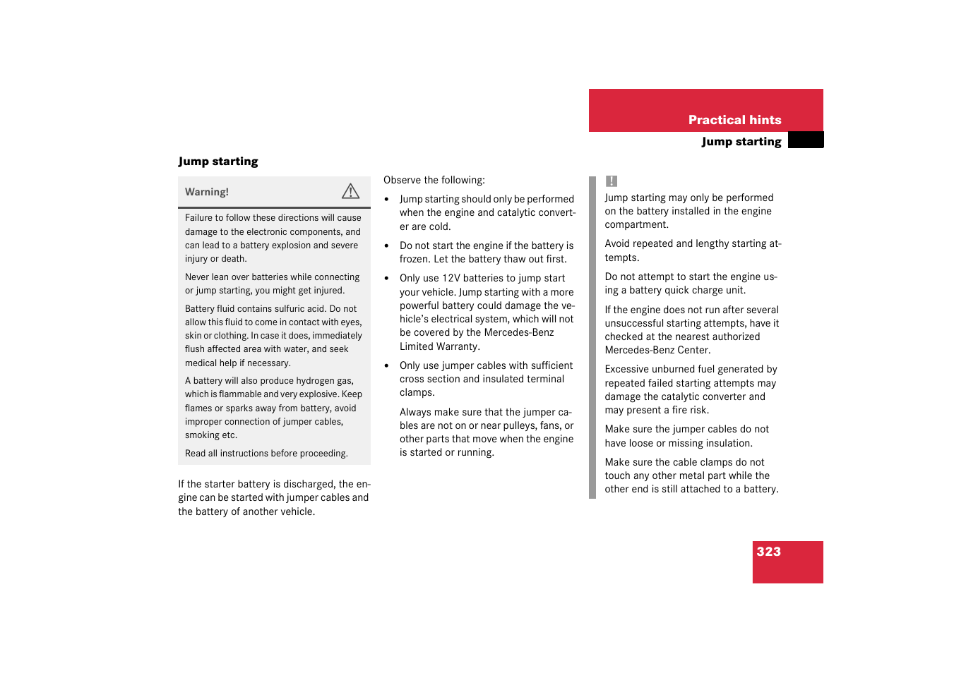 Jump starting | Mercedes-Benz 2003 SL 55 AMG User Manual | Page 323 / 376