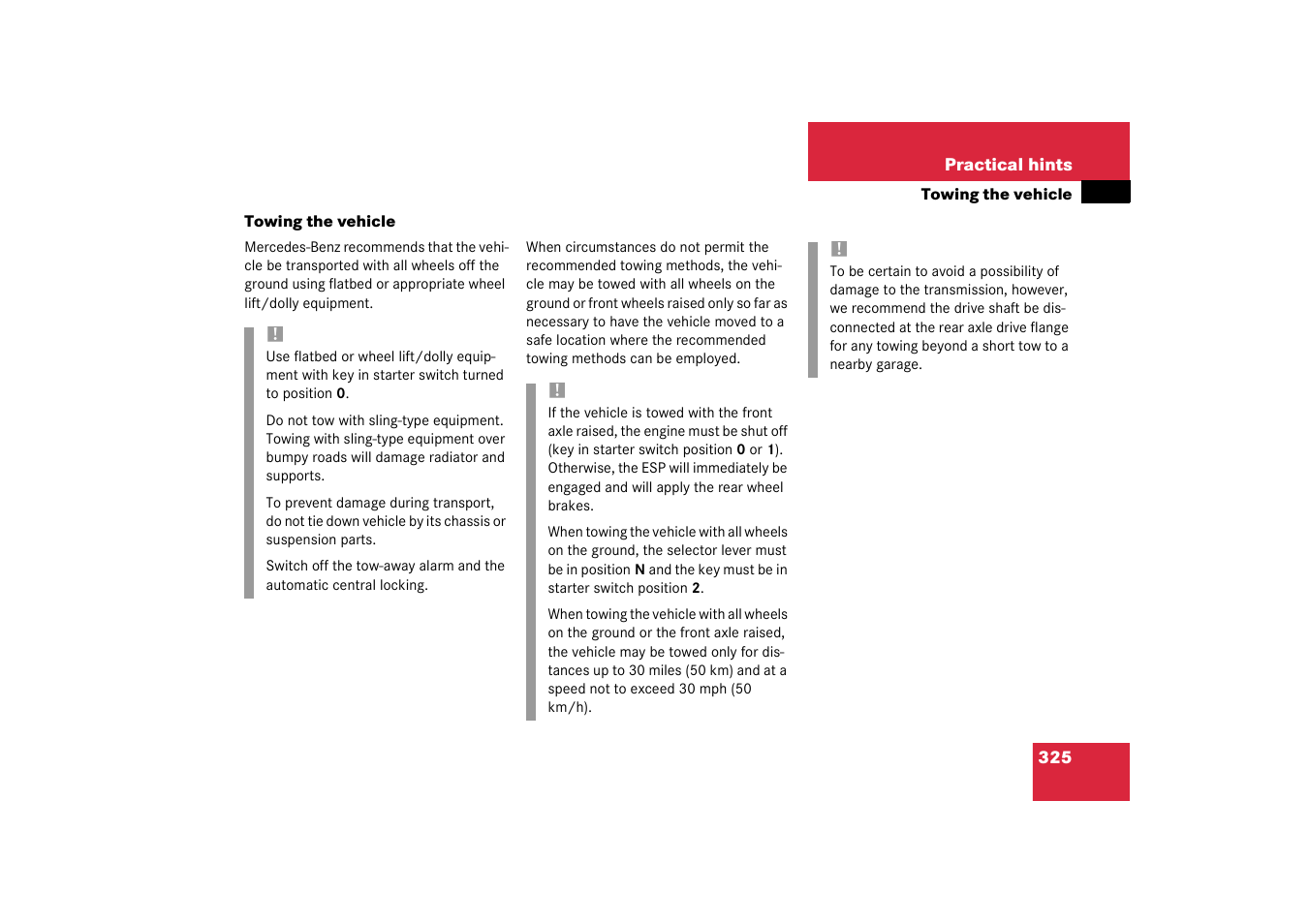 Towing the vehicle;vehicle:towing, Towing the vehicle | Mercedes-Benz 2003 SL 55 AMG User Manual | Page 325 / 376