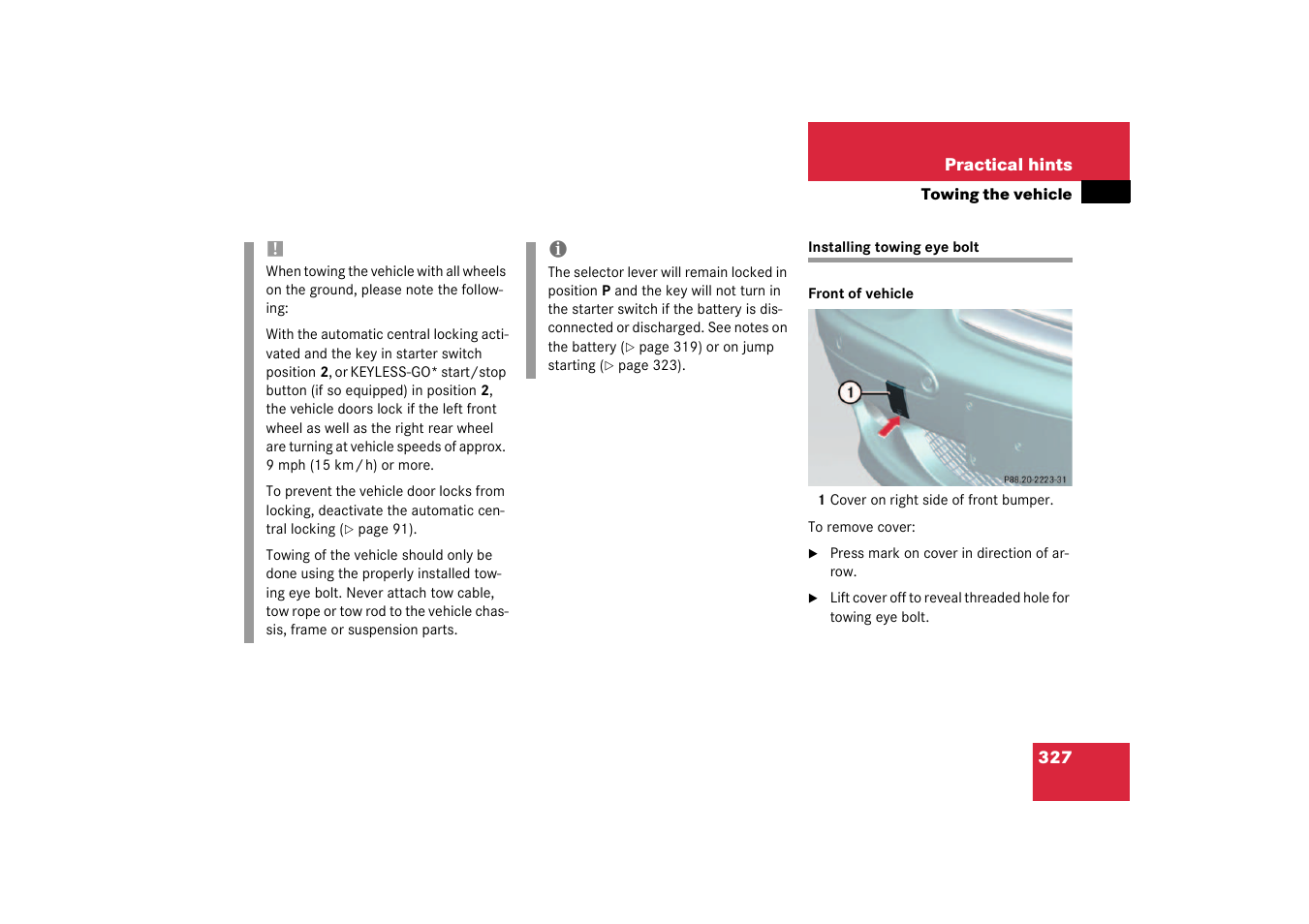 Towing eye bolt (vehicle tool kit):installing, Installing towing eye bolt | Mercedes-Benz 2003 SL 55 AMG User Manual | Page 327 / 376