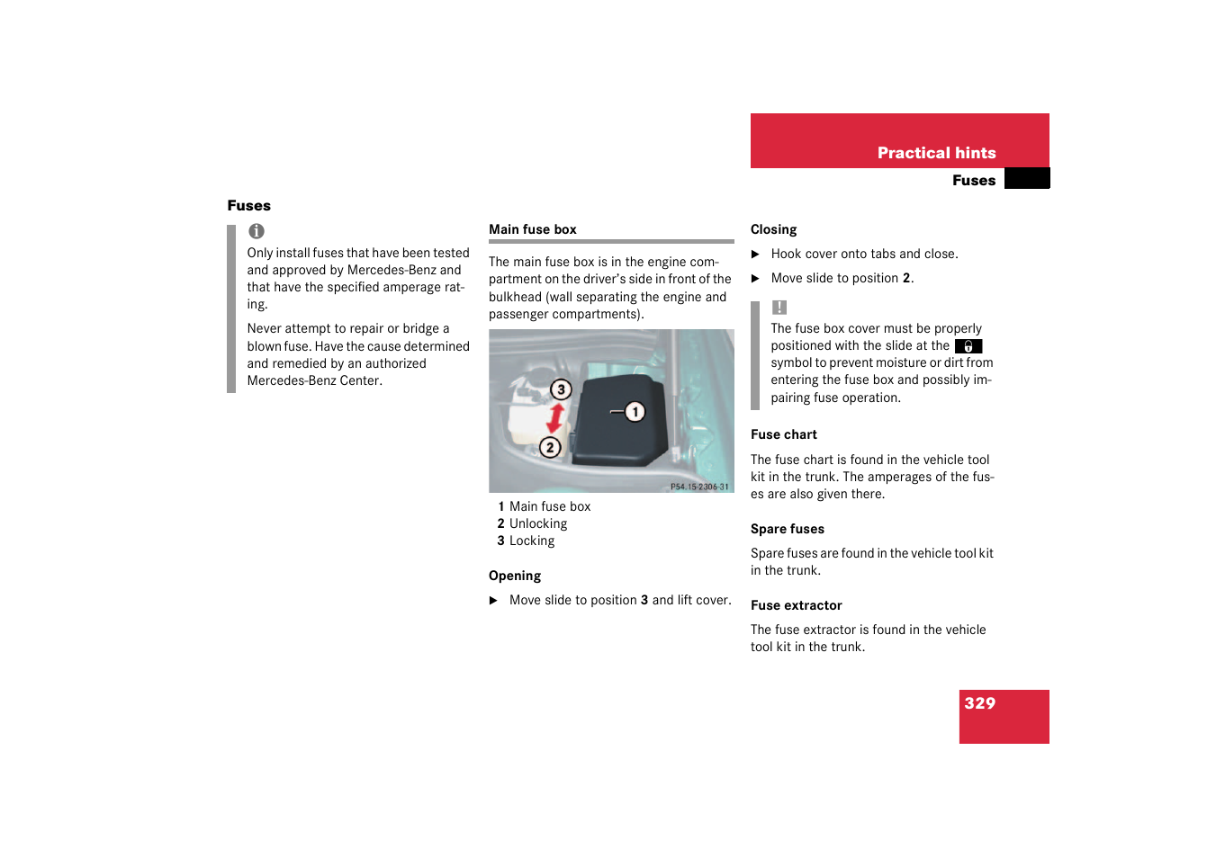 Fuses, Main fuse box | Mercedes-Benz 2003 SL 55 AMG User Manual | Page 329 / 376