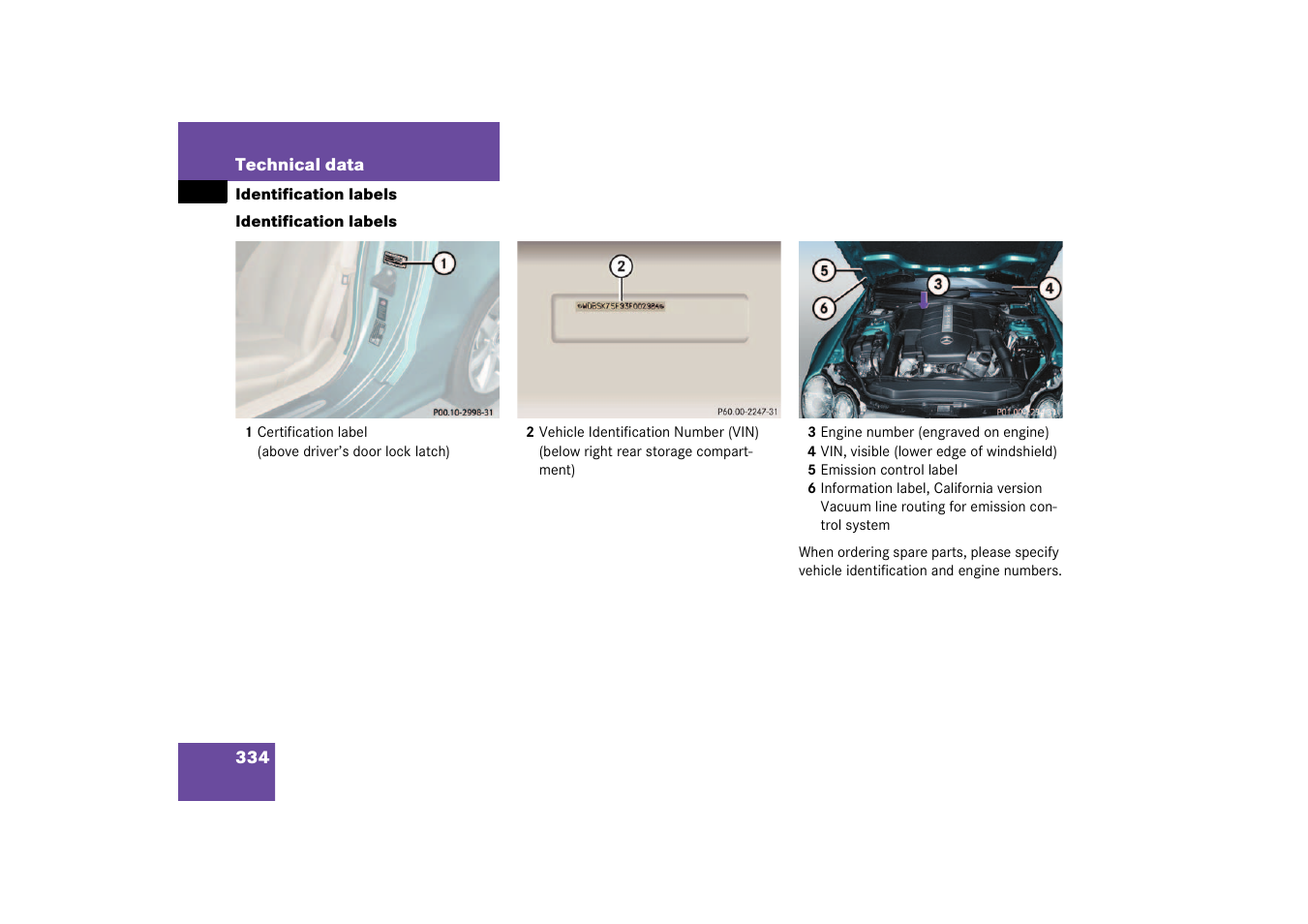 Labels, identification, Identification labels | Mercedes-Benz 2003 SL 55 AMG User Manual | Page 334 / 376