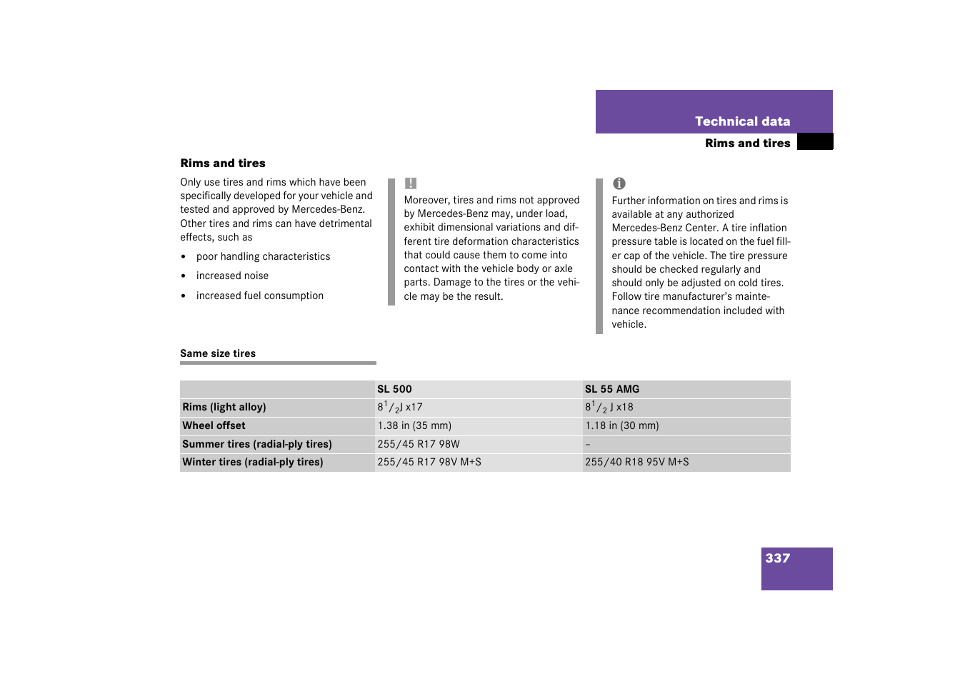 Tires:rims and tires, Same size tires, Rims and tires | Mercedes-Benz 2003 SL 55 AMG User Manual | Page 337 / 376