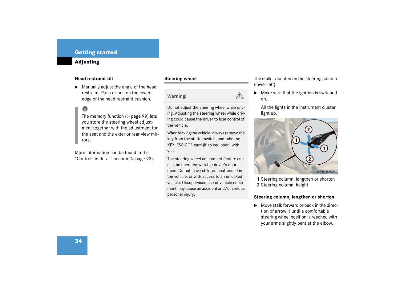 Steering wheel;steering wheel:adjusting, Steering wheel | Mercedes-Benz 2003 SL 55 AMG User Manual | Page 34 / 376