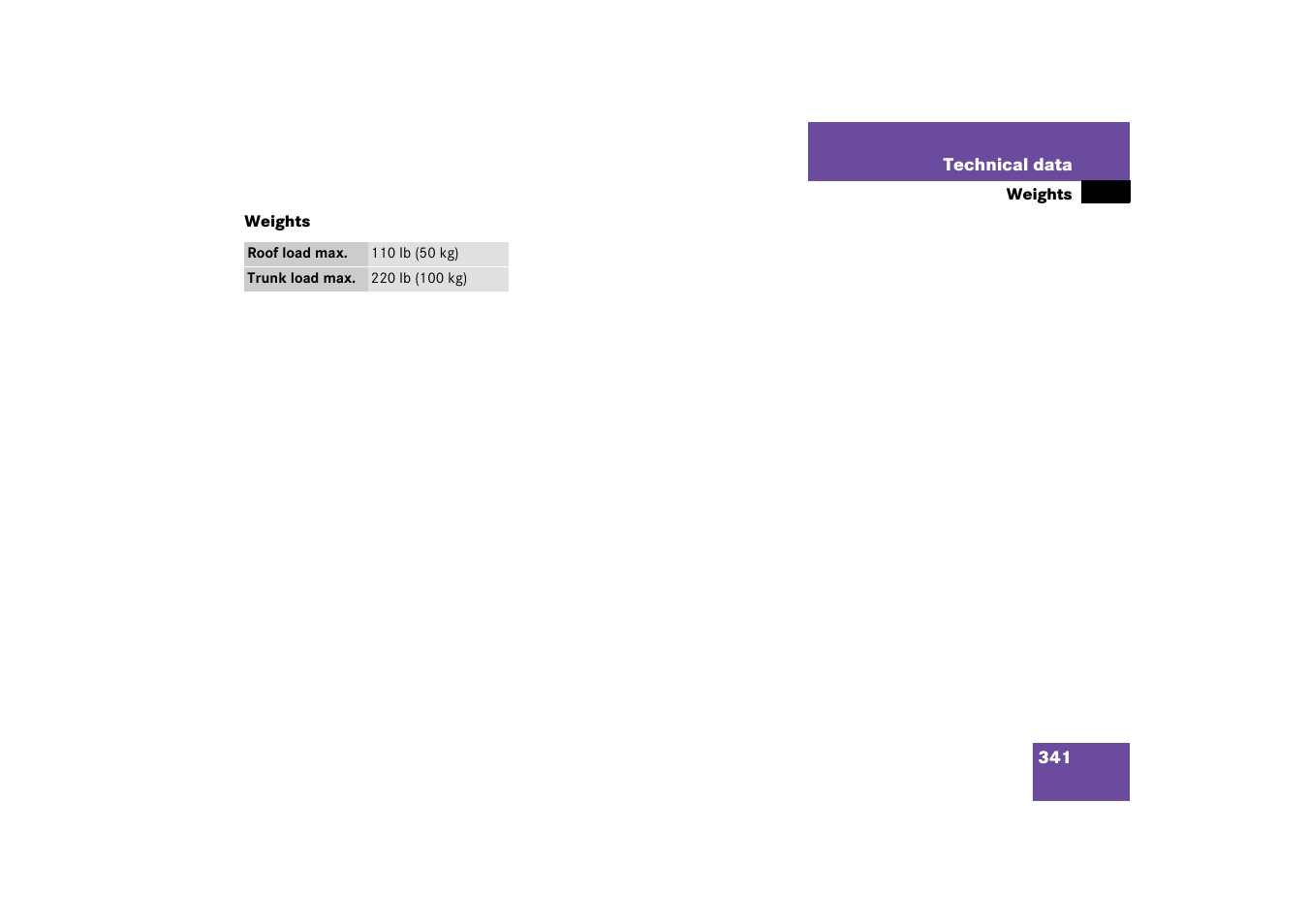 Technical data:weights, Weights | Mercedes-Benz 2003 SL 55 AMG User Manual | Page 341 / 376