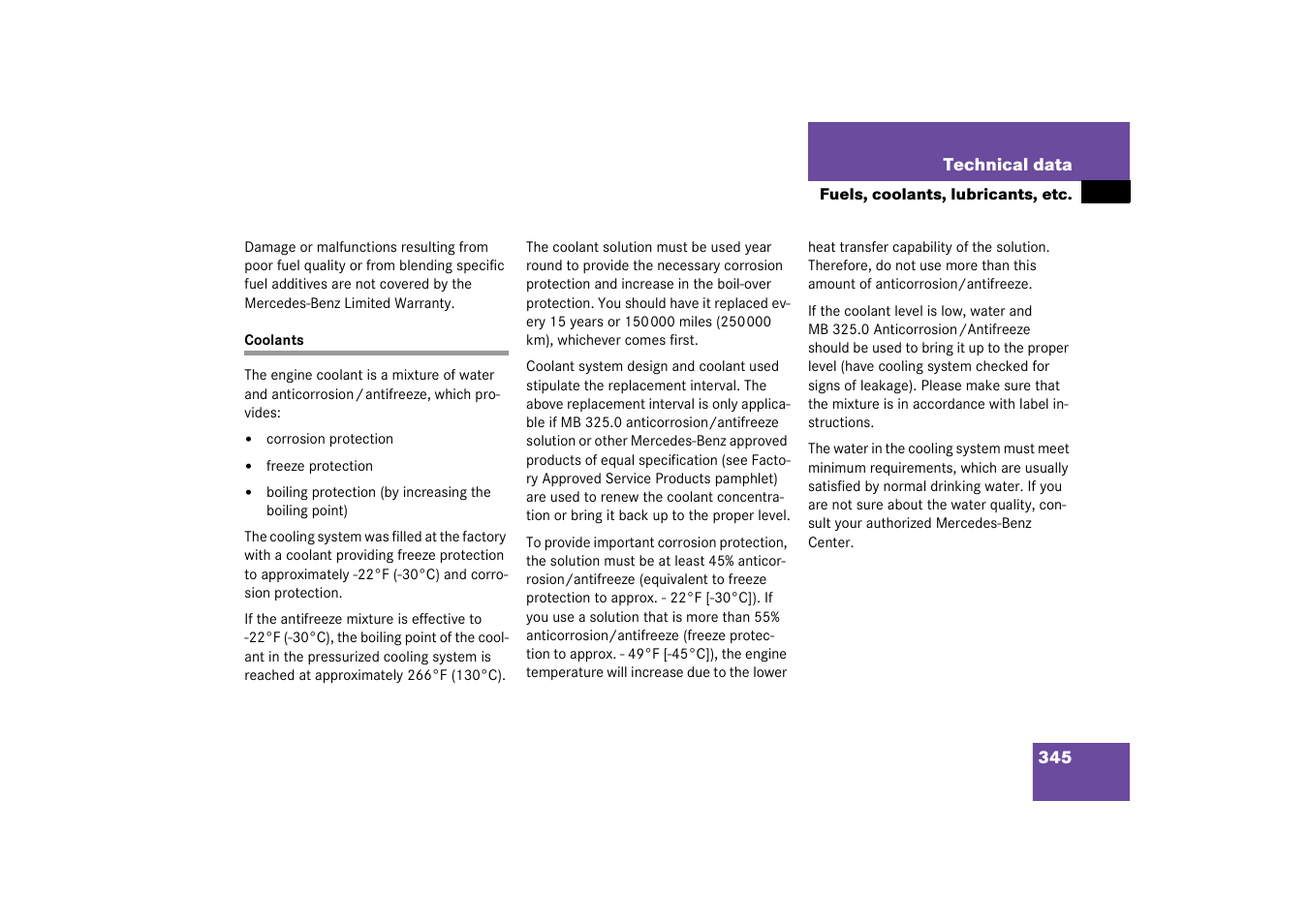 Coolant, Coolants | Mercedes-Benz 2003 SL 55 AMG User Manual | Page 345 / 376