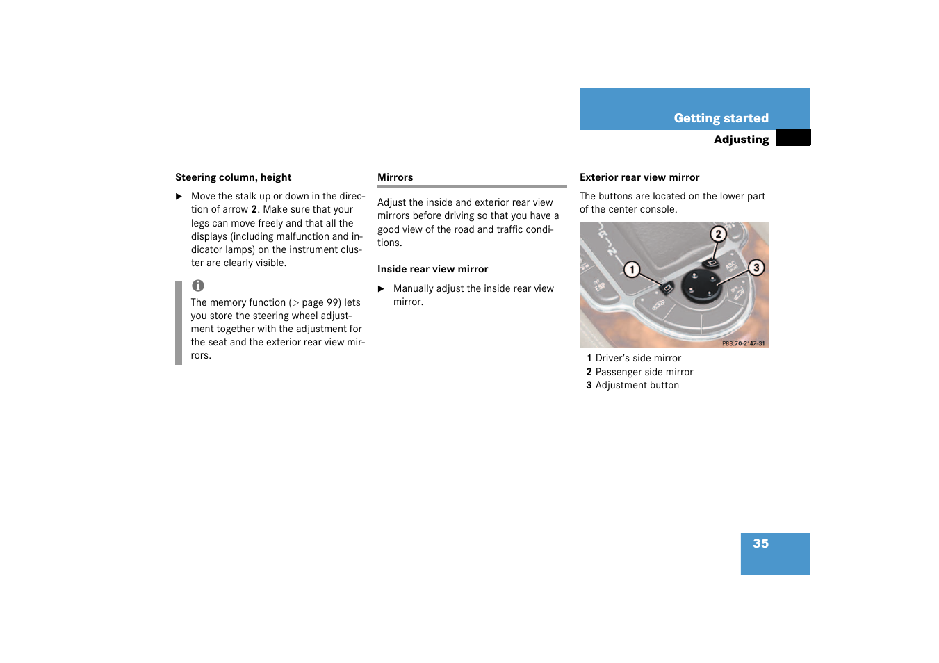 Mirrors | Mercedes-Benz 2003 SL 55 AMG User Manual | Page 35 / 376