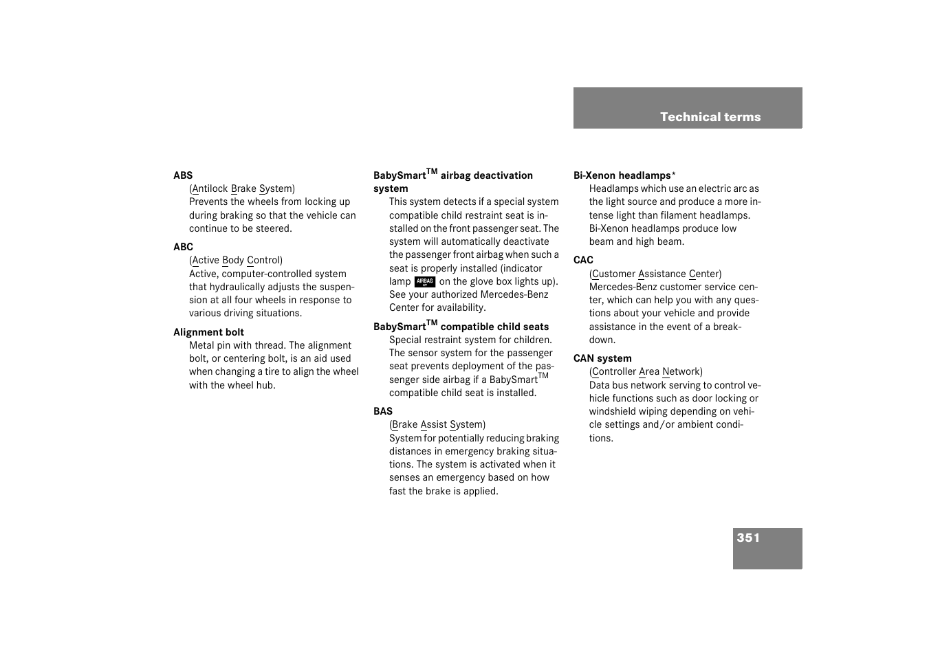 Technical terms | Mercedes-Benz 2003 SL 55 AMG User Manual | Page 351 / 376