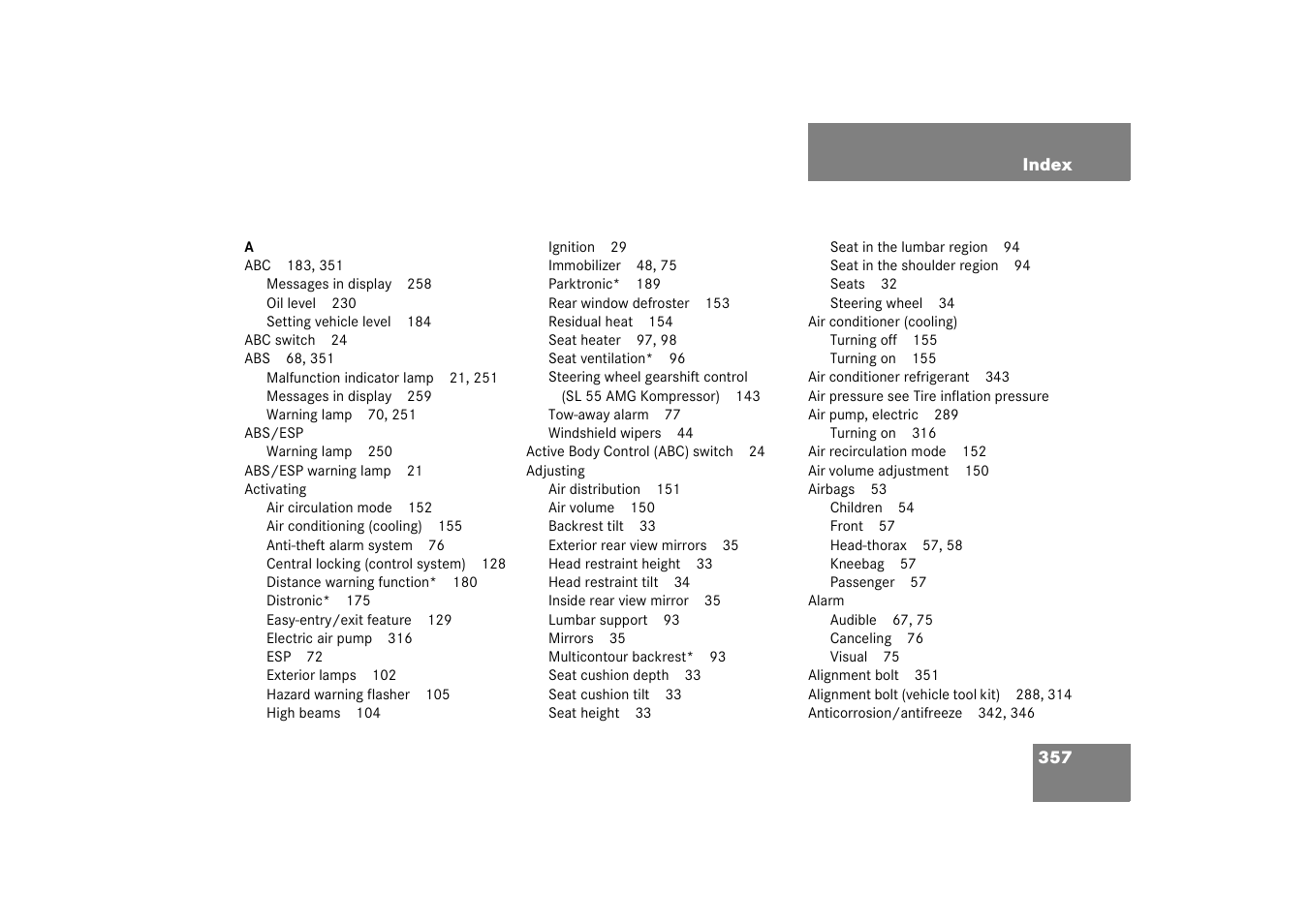 Index | Mercedes-Benz 2003 SL 55 AMG User Manual | Page 357 / 376