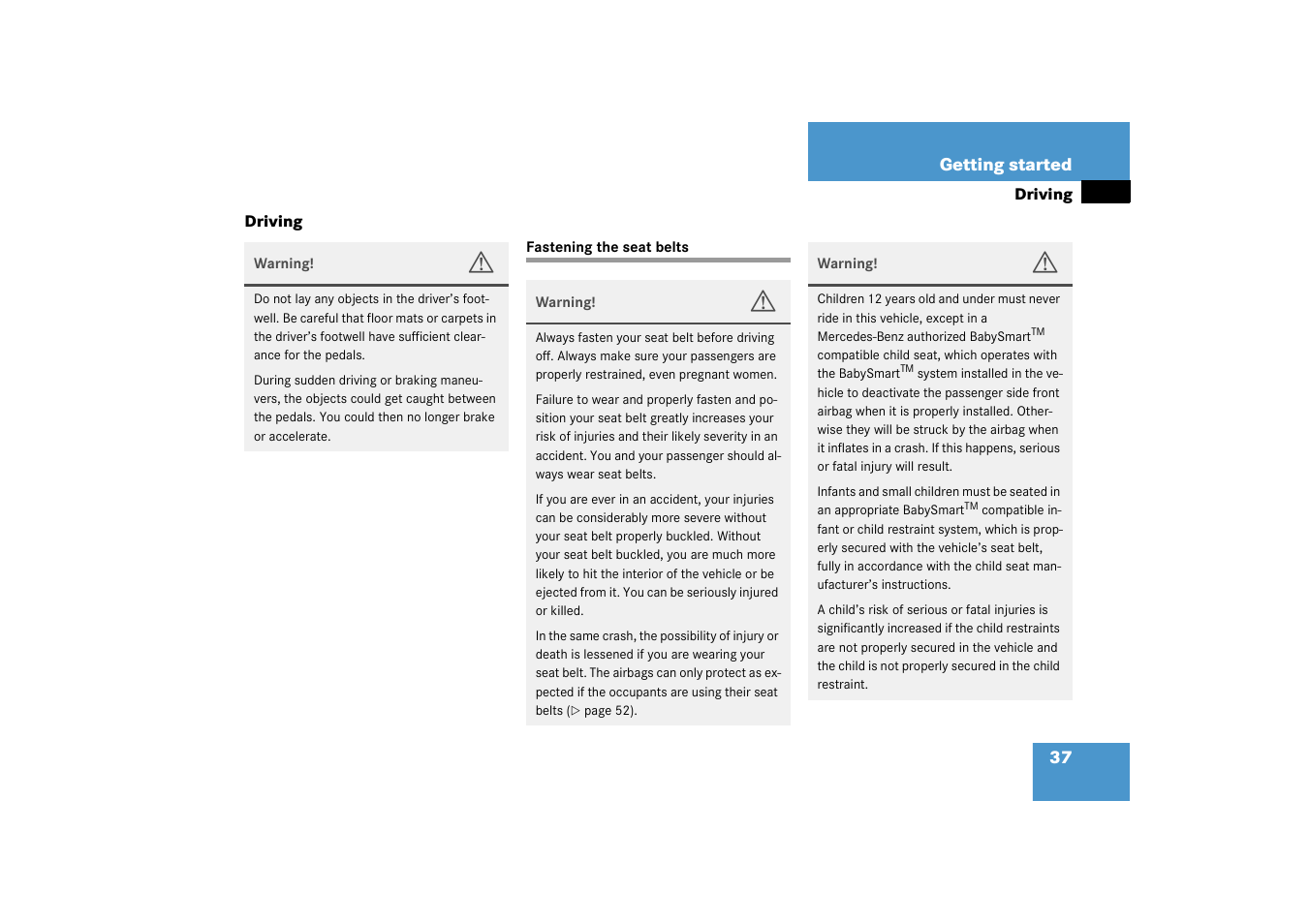 Driving, Seat belts;fastening the seat belts, Fastening the seat belts | Mercedes-Benz 2003 SL 55 AMG User Manual | Page 37 / 376