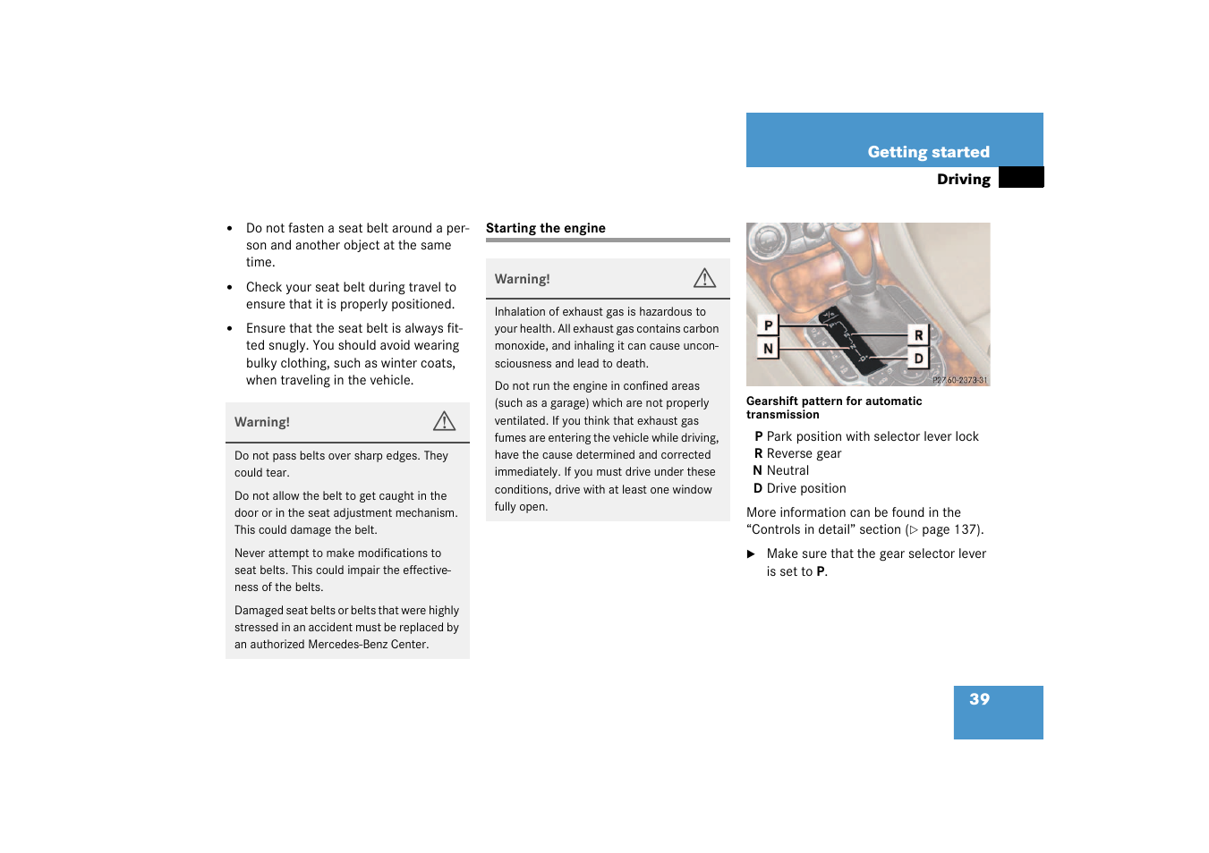 Starting the engine | Mercedes-Benz 2003 SL 55 AMG User Manual | Page 39 / 376