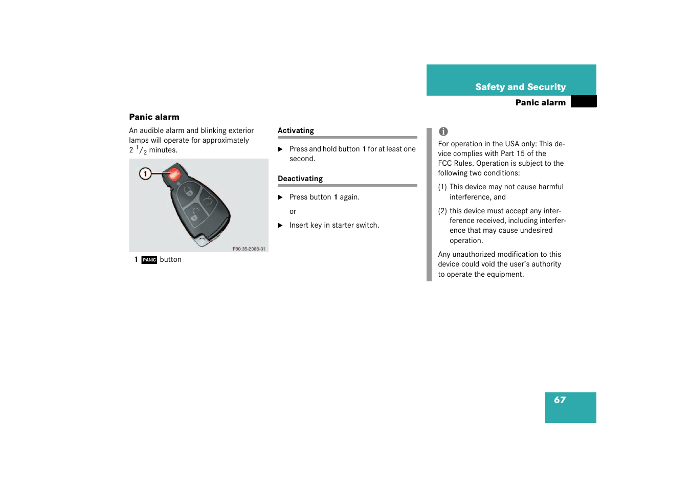 Panic alarm;panic alarm:panic button on smartkey, Activating, Deactivating | Panic alarm, Activating deactivating | Mercedes-Benz 2003 SL 55 AMG User Manual | Page 67 / 376