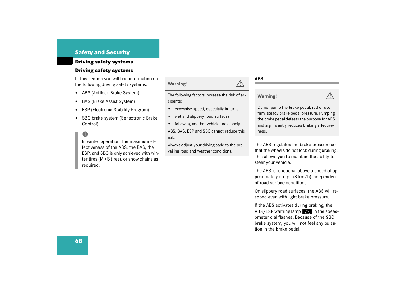 Driving safety systems, Driving safety systems:abs | Mercedes-Benz 2003 SL 55 AMG User Manual | Page 68 / 376