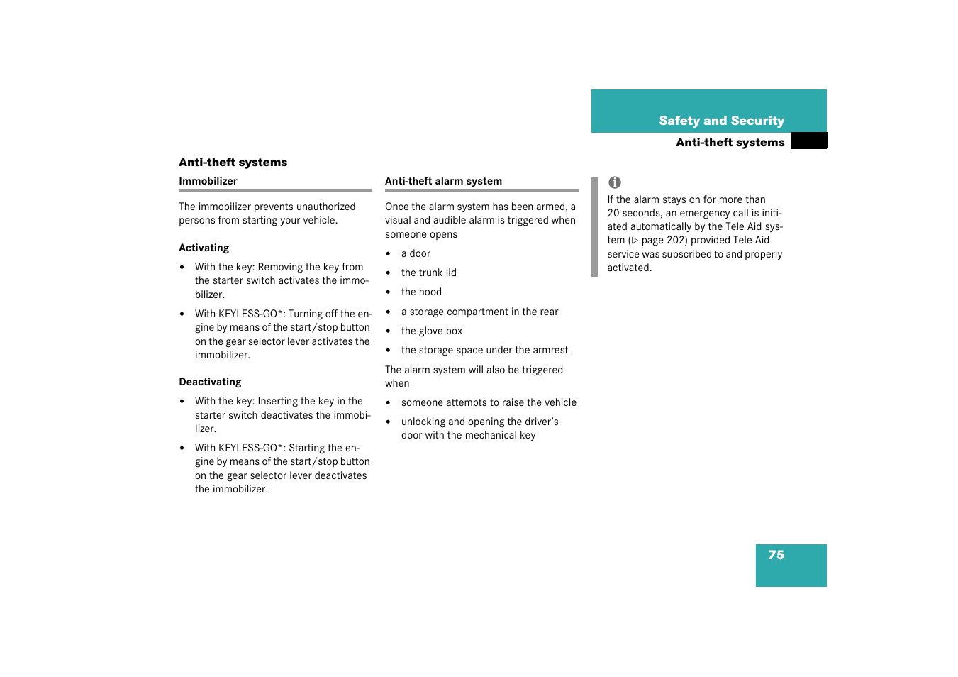 Anti-theft systems:anti-theft alarm system, Immobilizer, Anti-theft alarm system | Anti-theft systems, Immobilizer anti-theft alarm system | Mercedes-Benz 2003 SL 55 AMG User Manual | Page 75 / 376