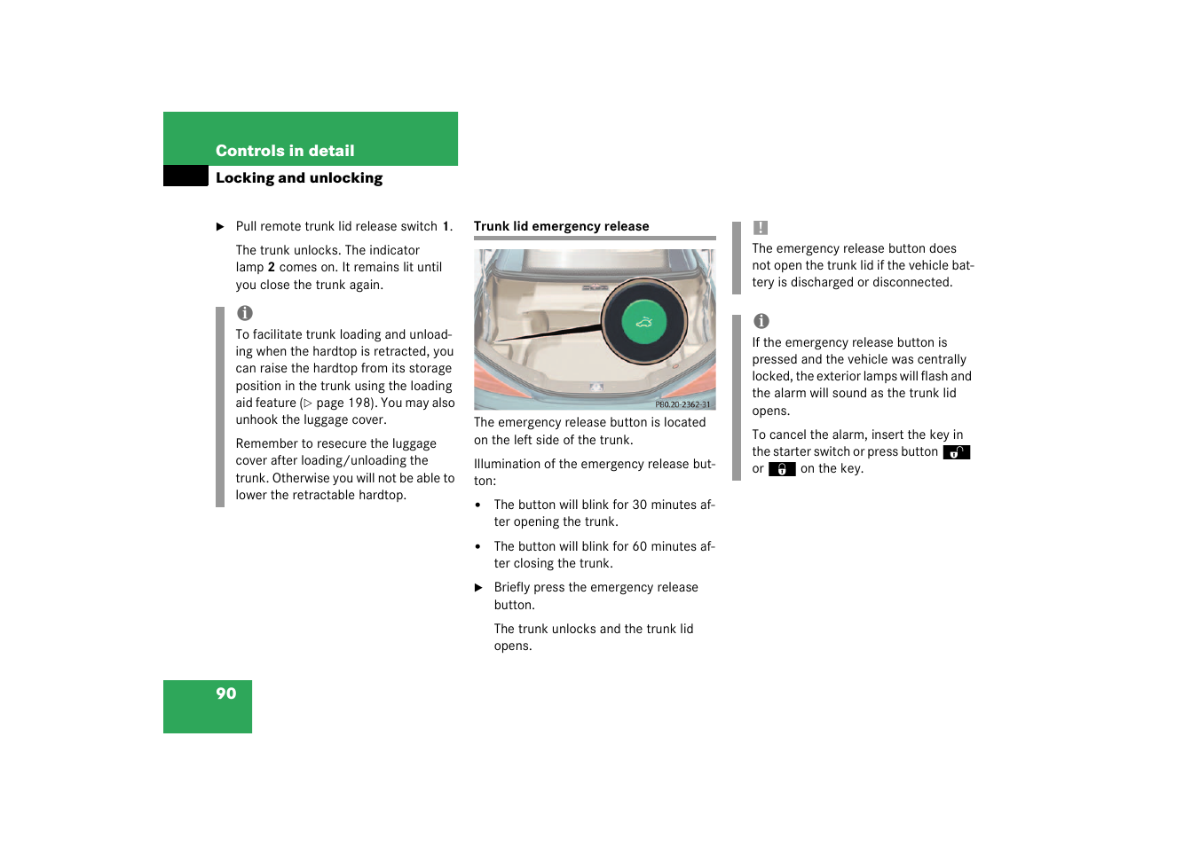 Trunk lid emergency release | Mercedes-Benz 2003 SL 55 AMG User Manual | Page 90 / 376