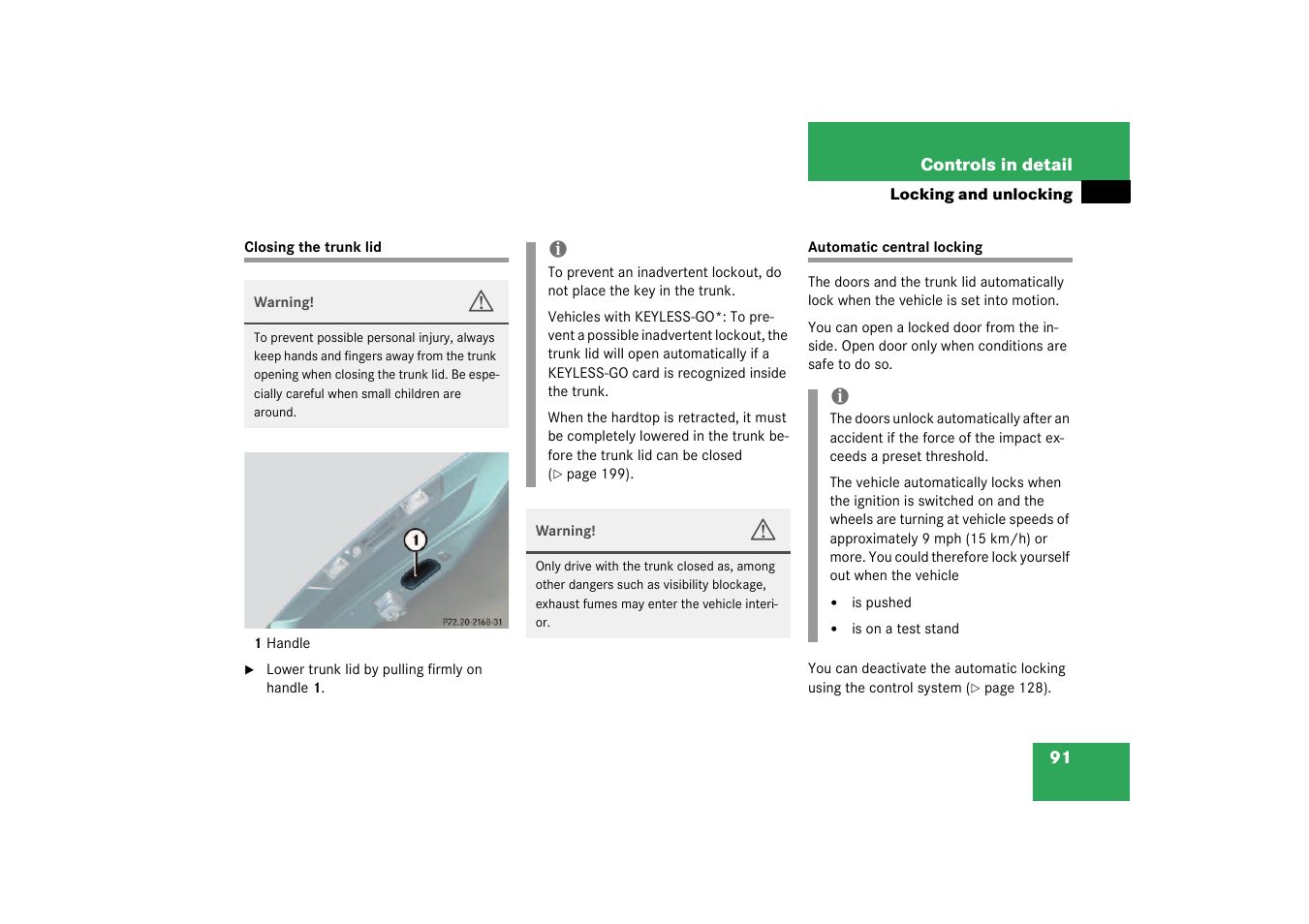 Trunk:closing the lid;closing:trunk lid, Closing the trunk lid automatic central locking | Mercedes-Benz 2003 SL 55 AMG User Manual | Page 91 / 376