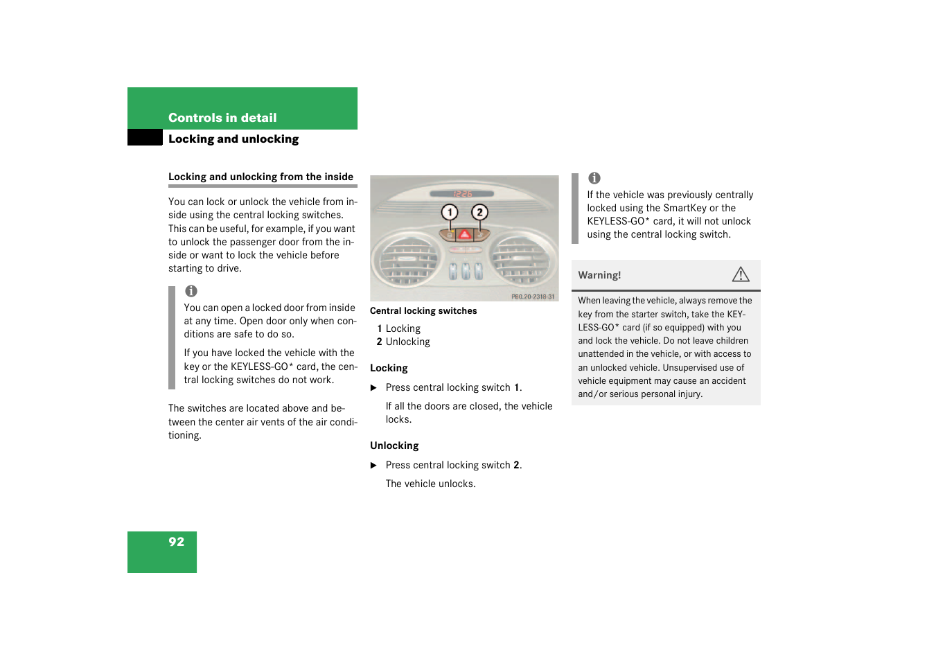 Central locking:central locking switch, Locking and unlocking from the inside | Mercedes-Benz 2003 SL 55 AMG User Manual | Page 92 / 376