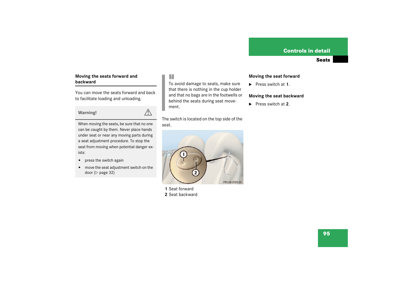 Seats:moving, Moving the seats forward and backward | Mercedes-Benz 2003 SL 55 AMG User Manual | Page 95 / 376