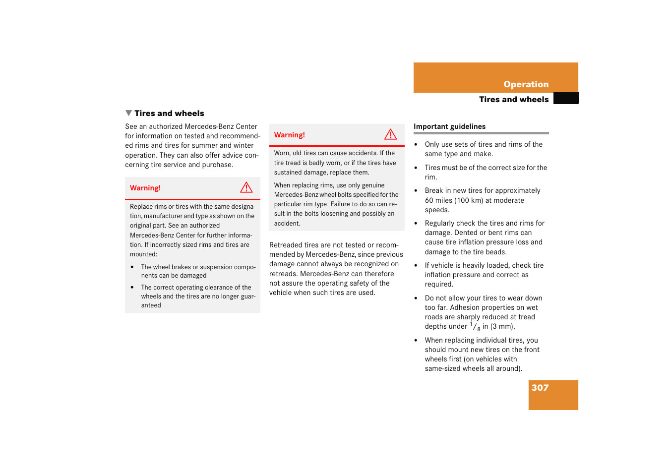 Tires:retreads;wheels:tires and wheels, Important guidelines, Tires and wheels | Mercedes-Benz 2005 E 320 User Manual | Page 308 / 491