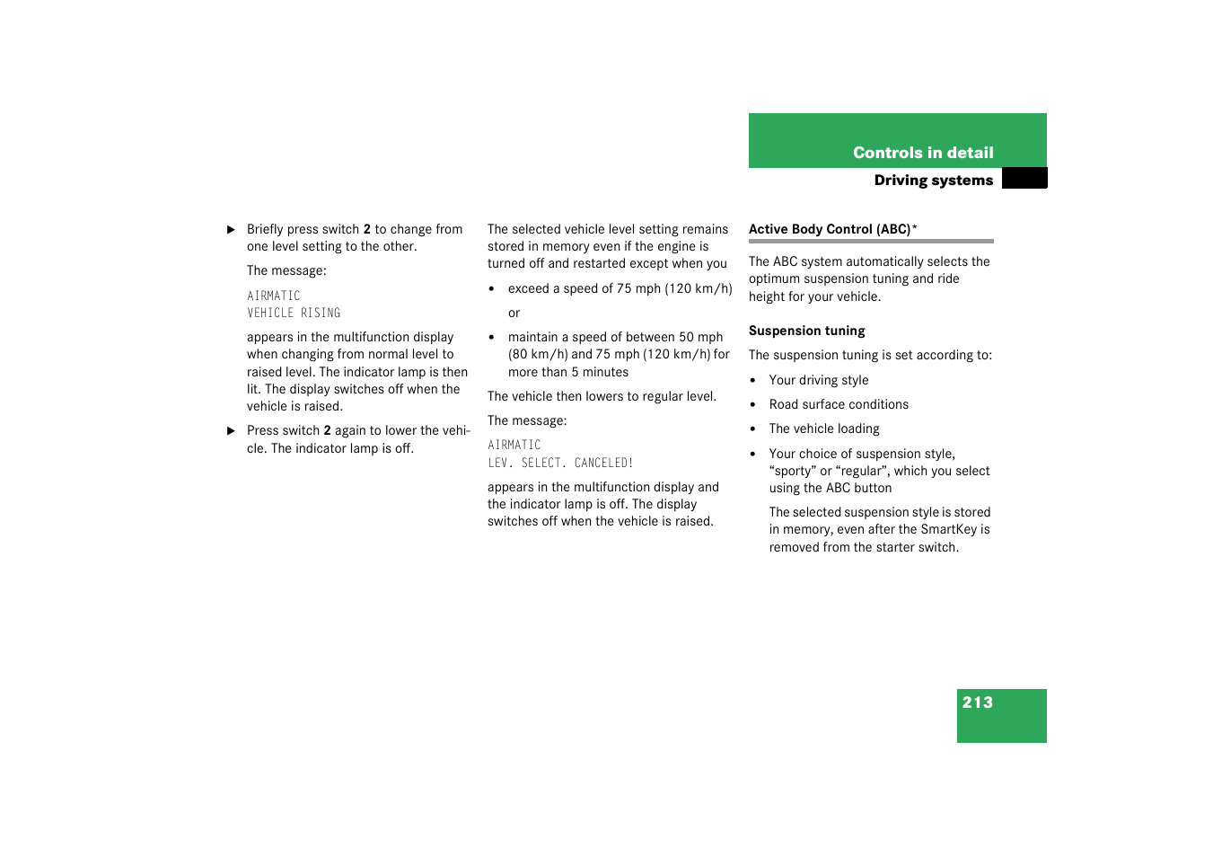 Active body control (abc) | Mercedes-Benz 2003 S 500 User Manual | Page 213 / 416