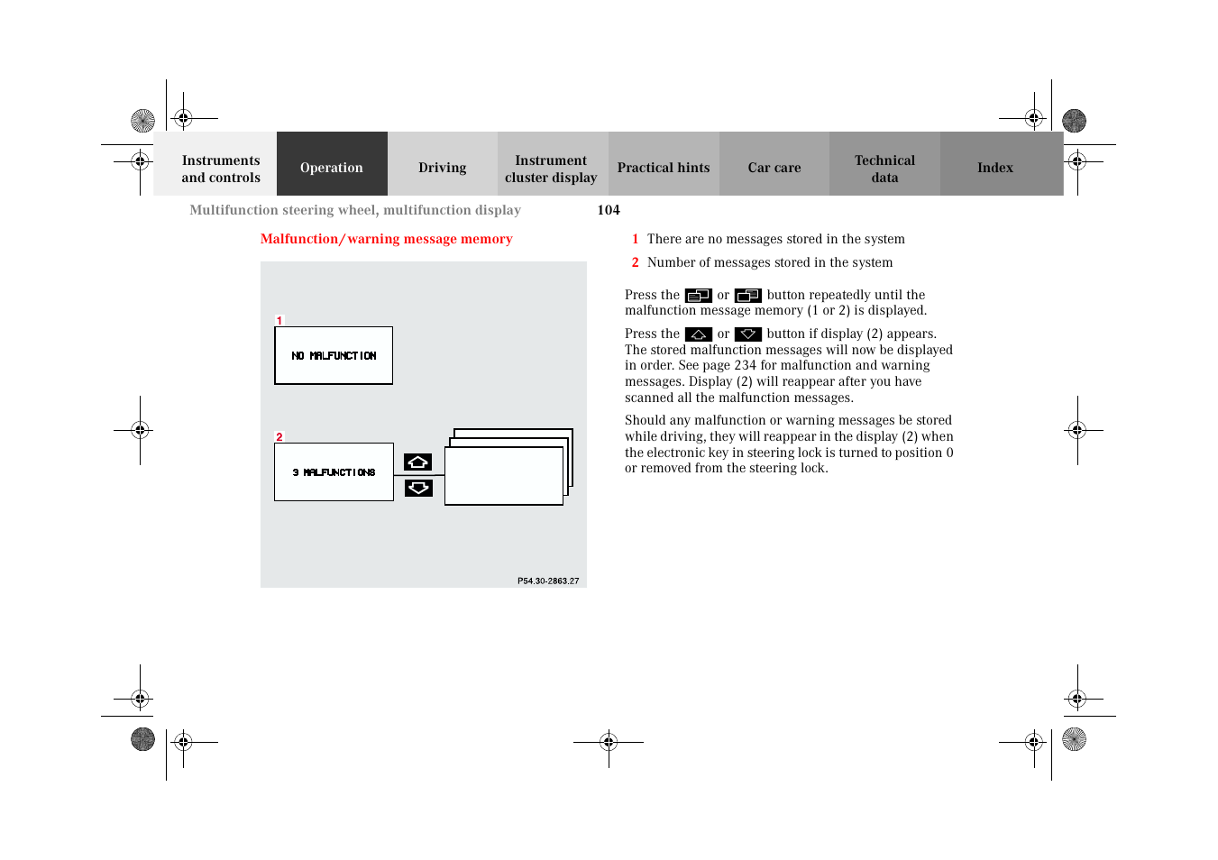 Malfunction/warning message memory, Malfunction/warning, Message memory | Mercedes-Benz 2002 CLK 320  EN User Manual | Page 107 / 346