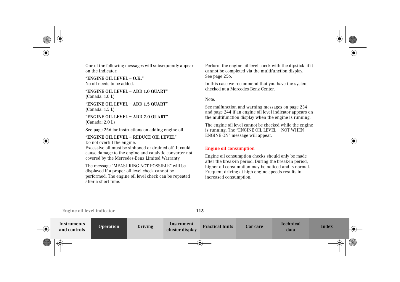 Engine oil consumption | Mercedes-Benz 2002 CLK 320  EN User Manual | Page 116 / 346