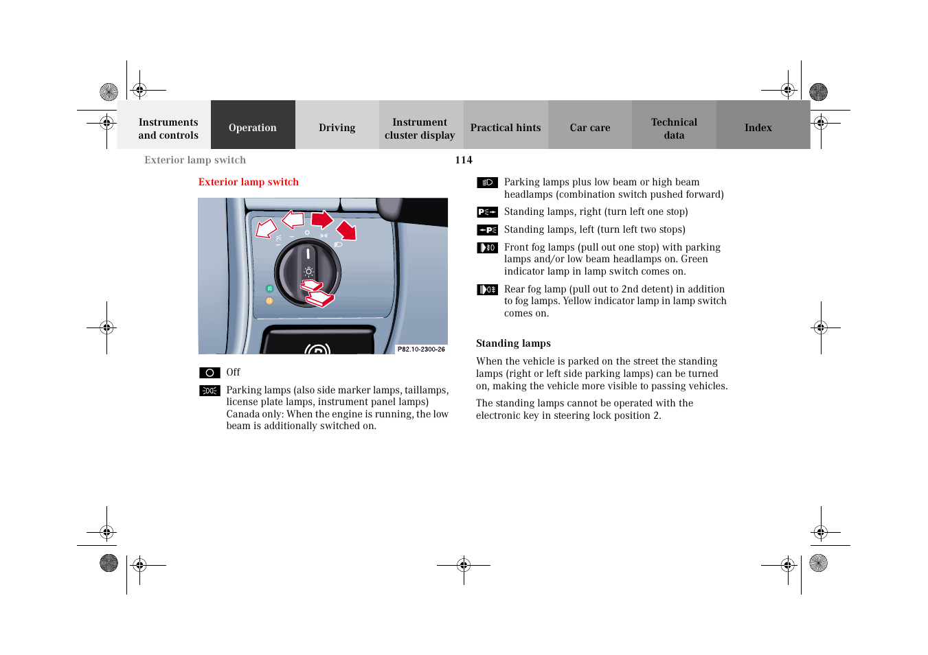 Exterior lamp switch, Standing lamps | Mercedes-Benz 2002 CLK 320  EN User Manual | Page 117 / 346
