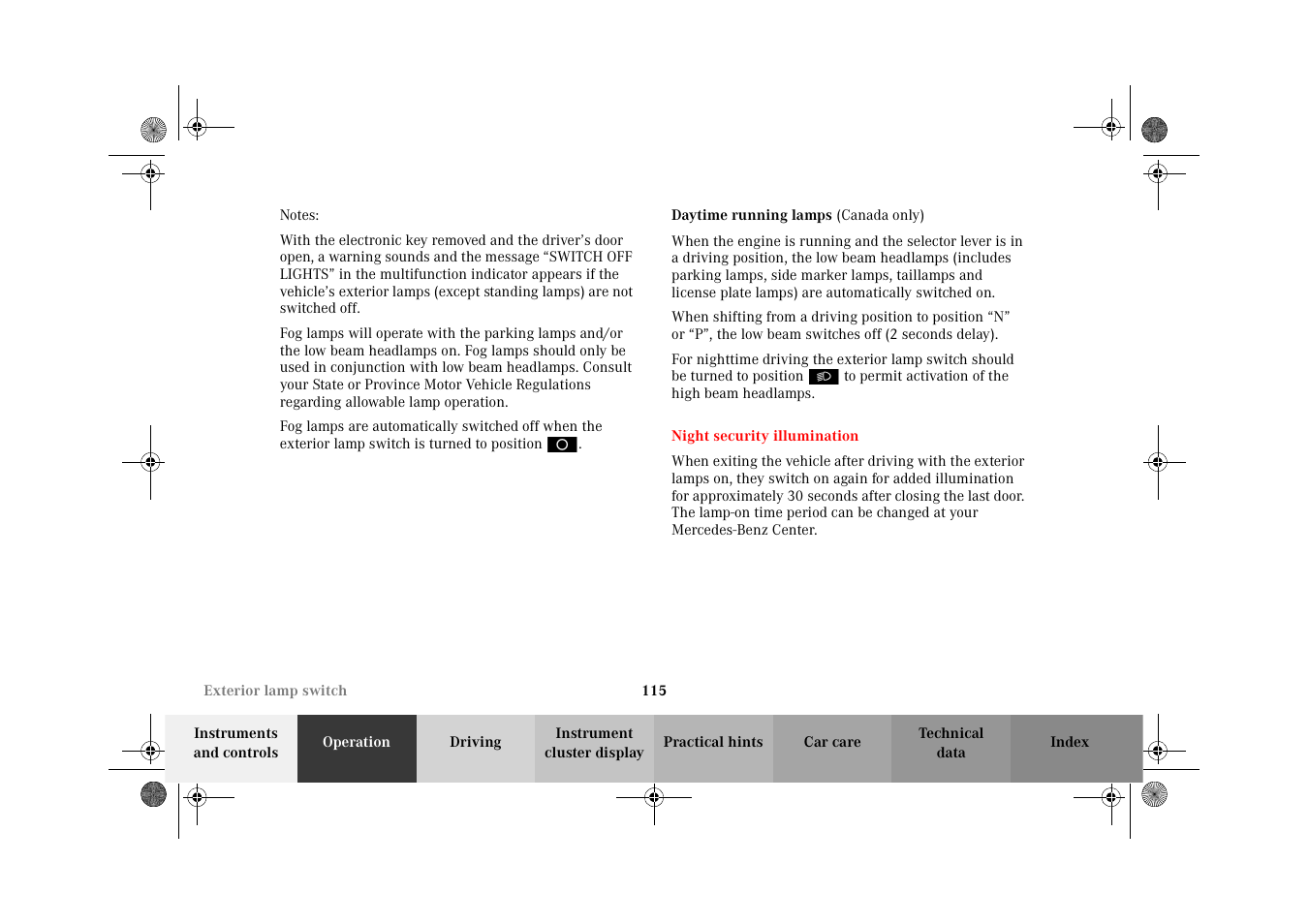 Daytime running lamps, Night security illumination | Mercedes-Benz 2002 CLK 320  EN User Manual | Page 118 / 346