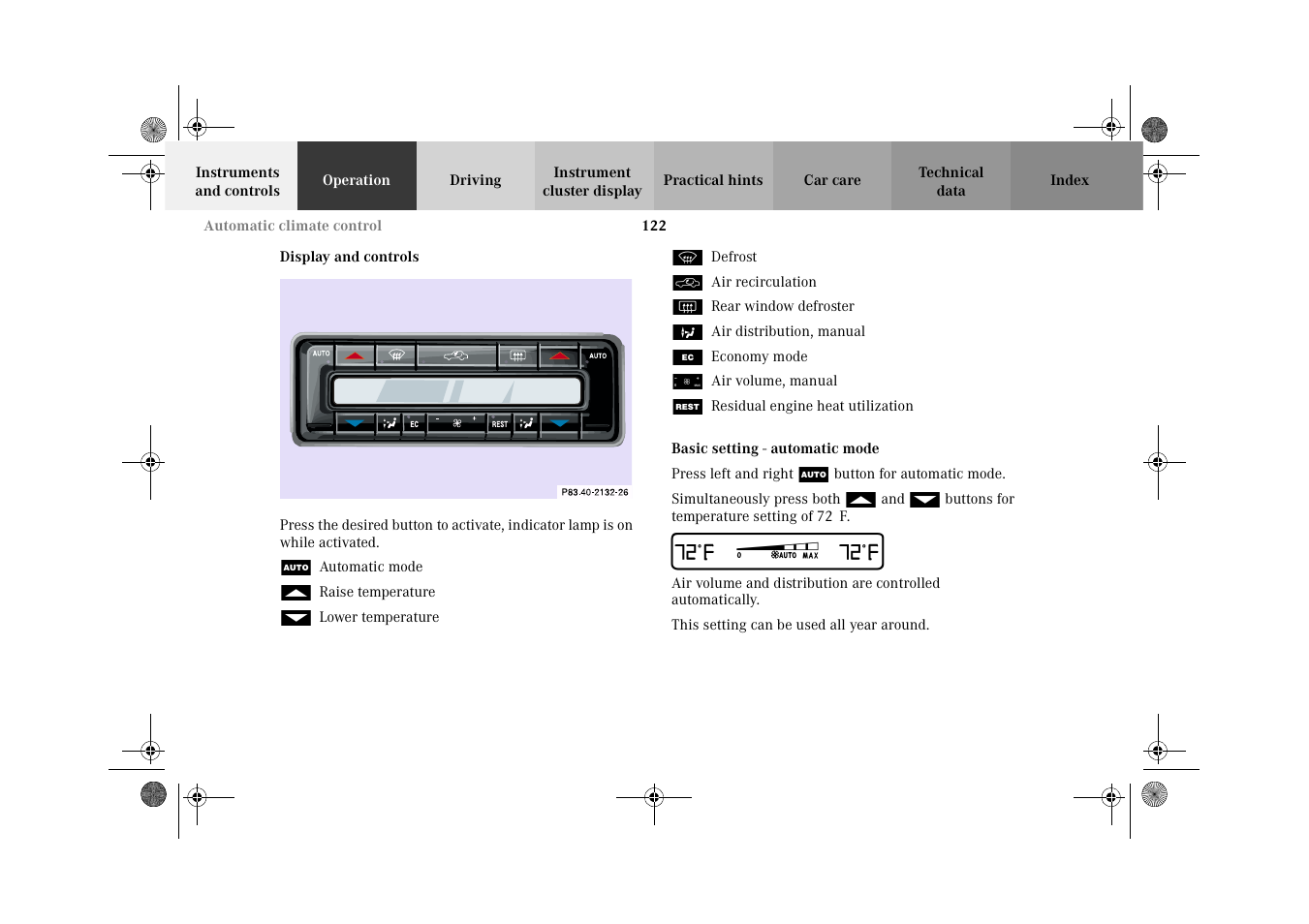 Automatic climate control:display and controls, Automatic climate control:basic setting, Display and controls basic setting | Mercedes-Benz 2002 CLK 320  EN User Manual | Page 125 / 346